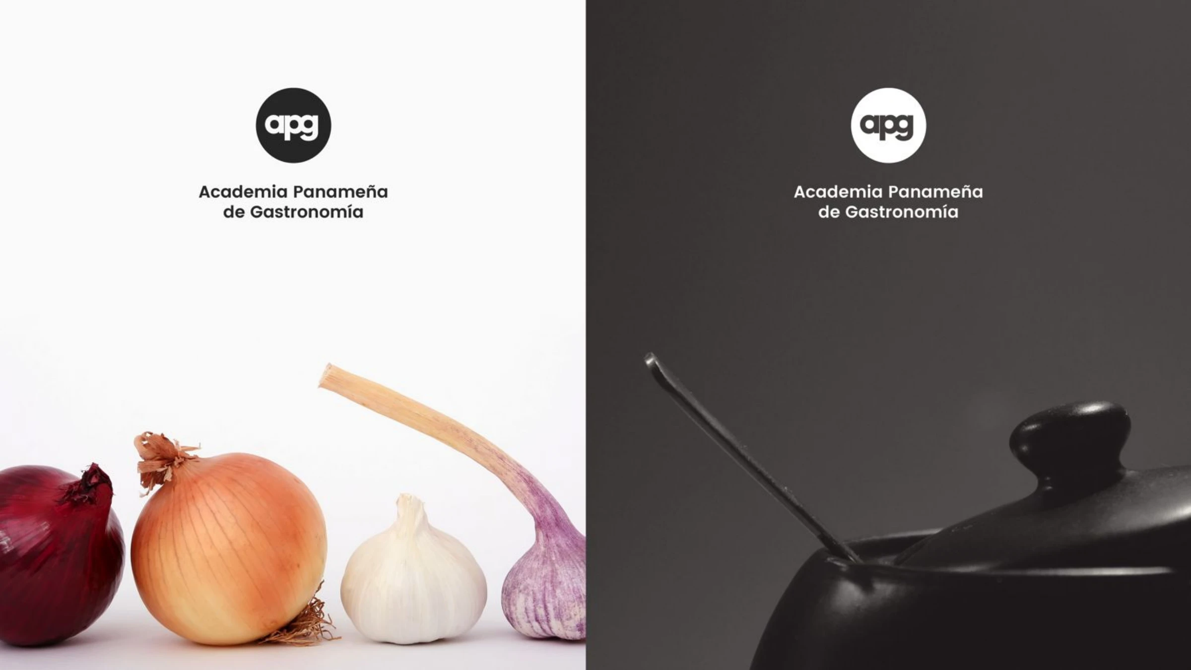 The APG logo applied over food photography — fresh onions and garlic, and a dark clay pot