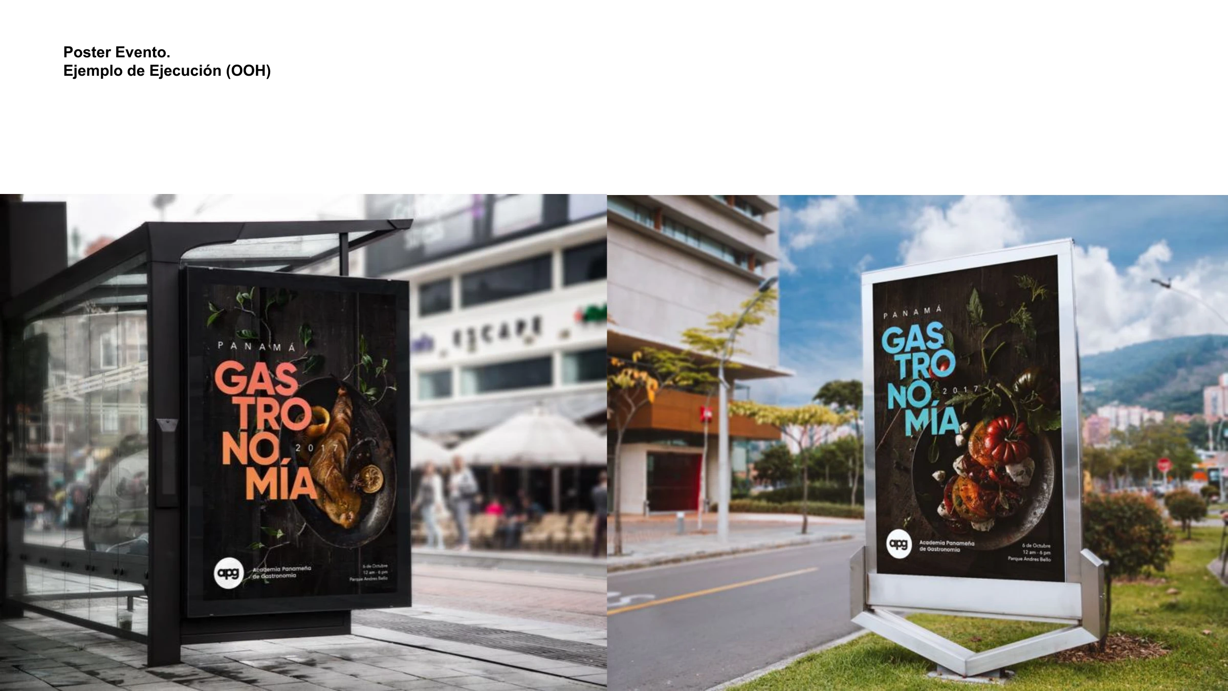The Gastronomía 2017 posters running as out-of-home — a bus shelter and a street stand