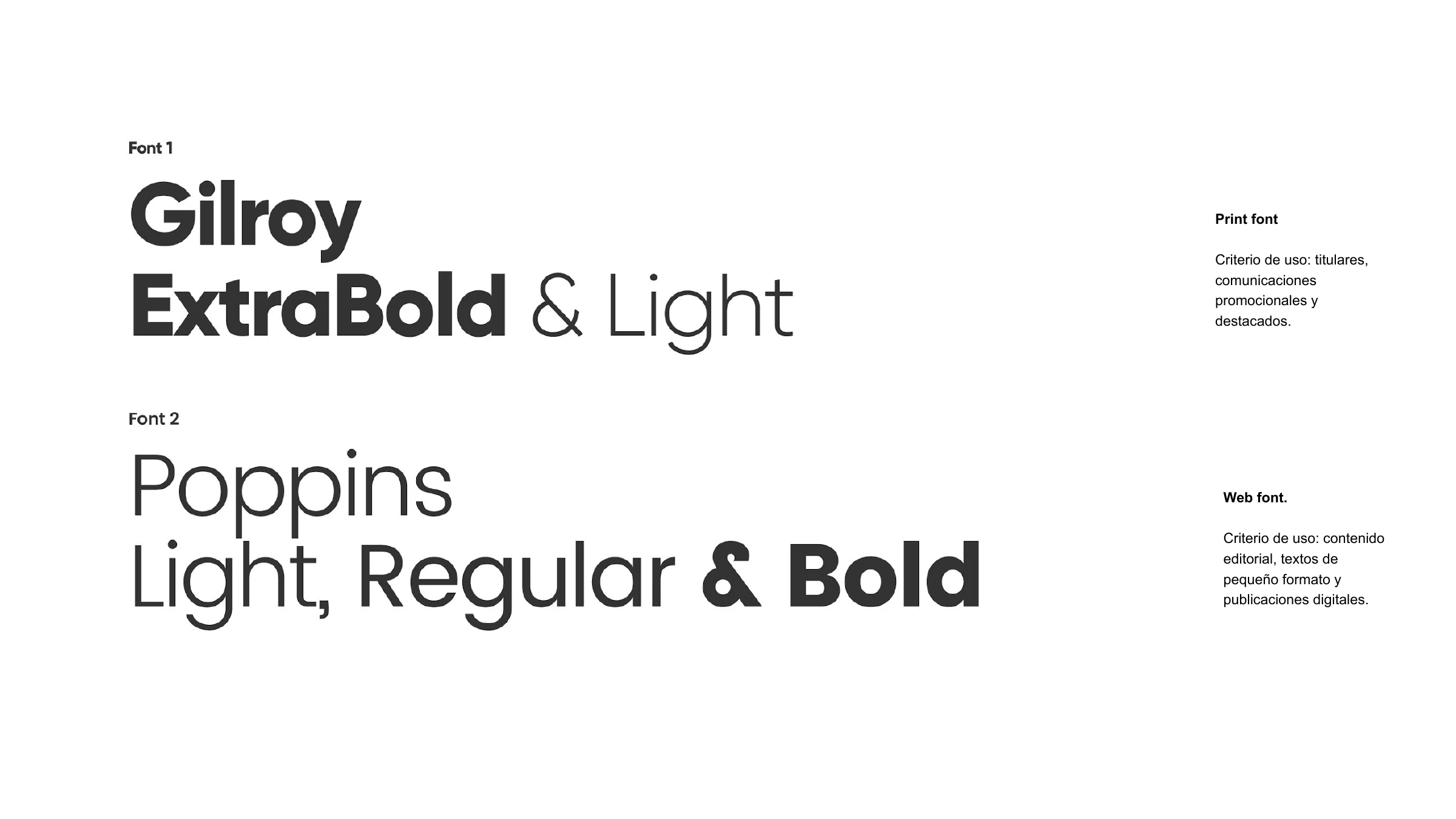 Typography — Gilroy ExtraBold & Light for print, Poppins Light/Regular/Bold for web