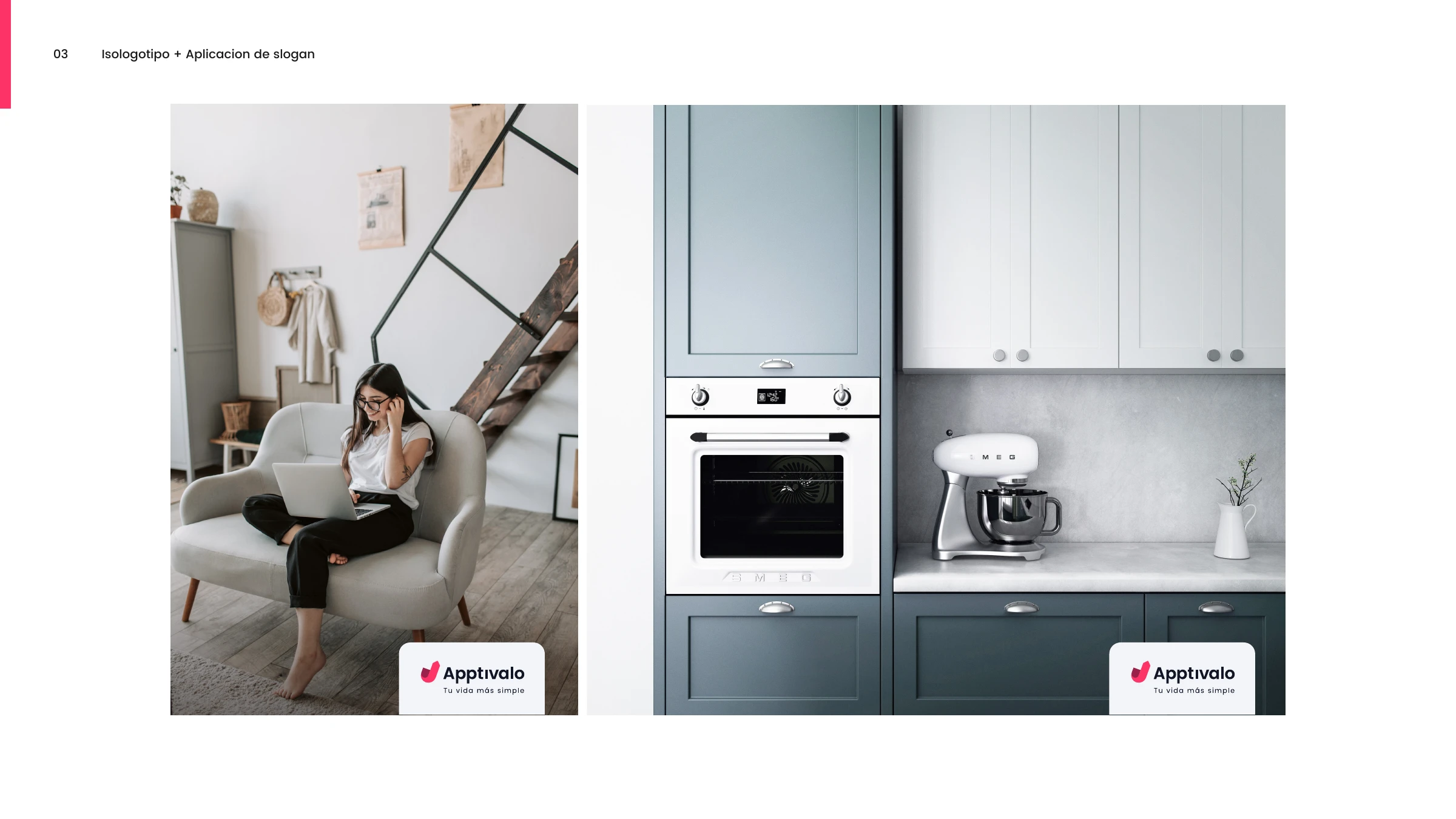 The Apptivalo logo and 'Tu vida más simple' tagline applied over lifestyle photography of a woman with a laptop and a modern kitchen