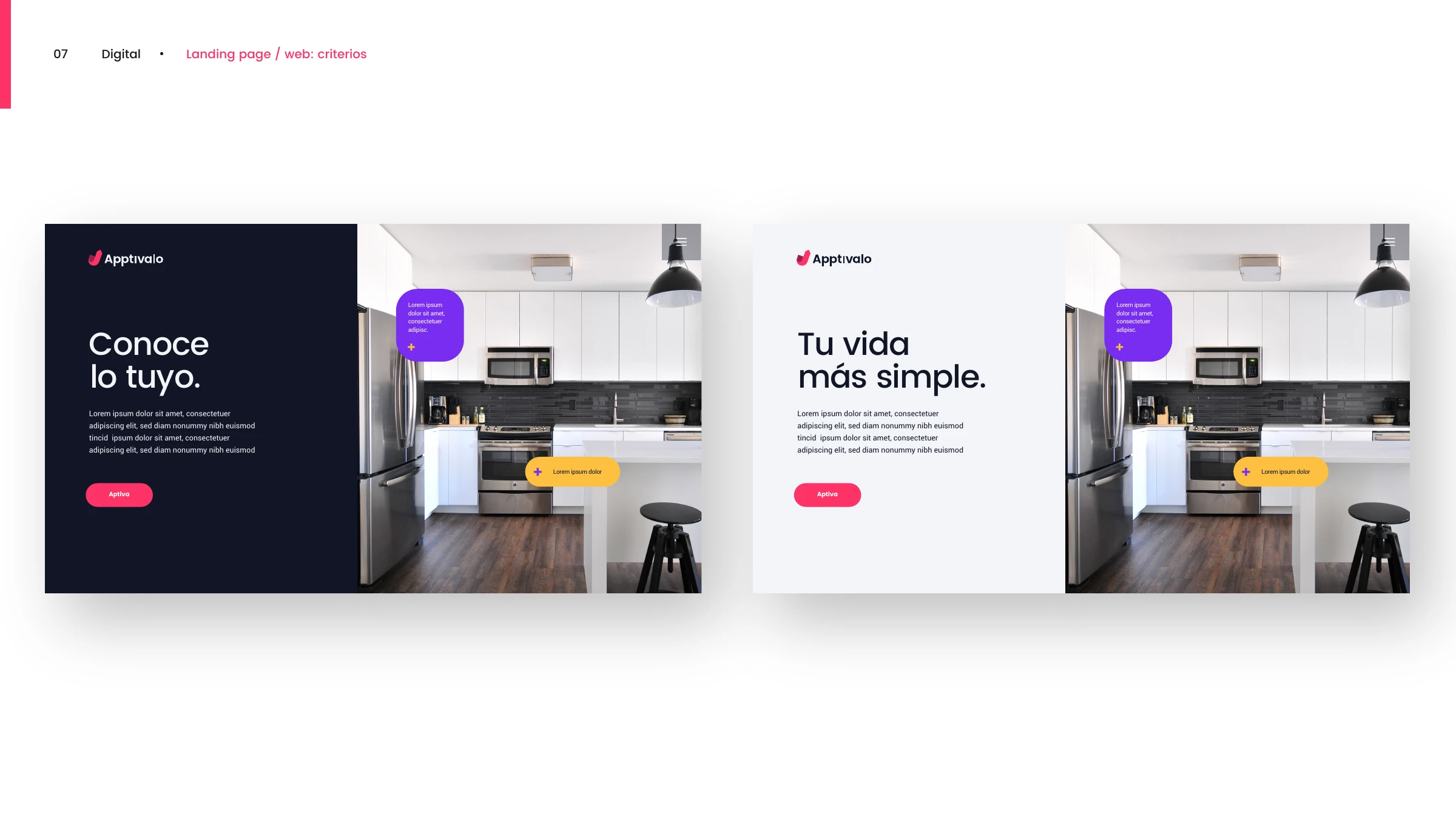 Landing page / web criteria — 'Conoce lo tuyo' and 'Tu vida más simple' hero layouts