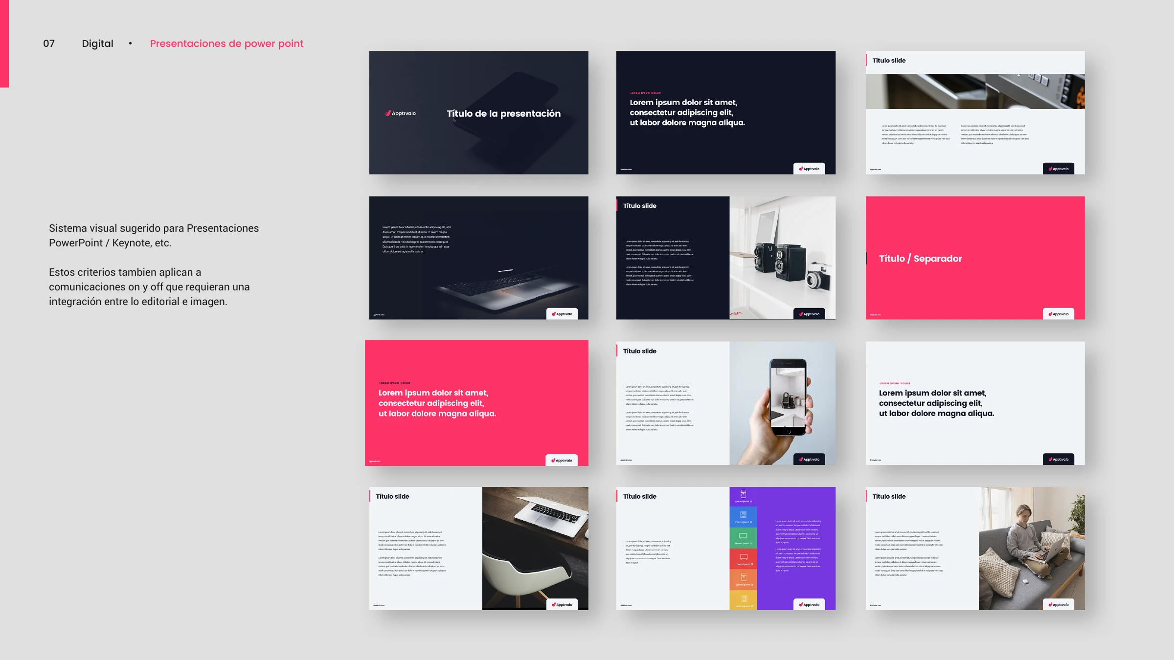 Apptivalo presentation template — an editorial slide system over imagery