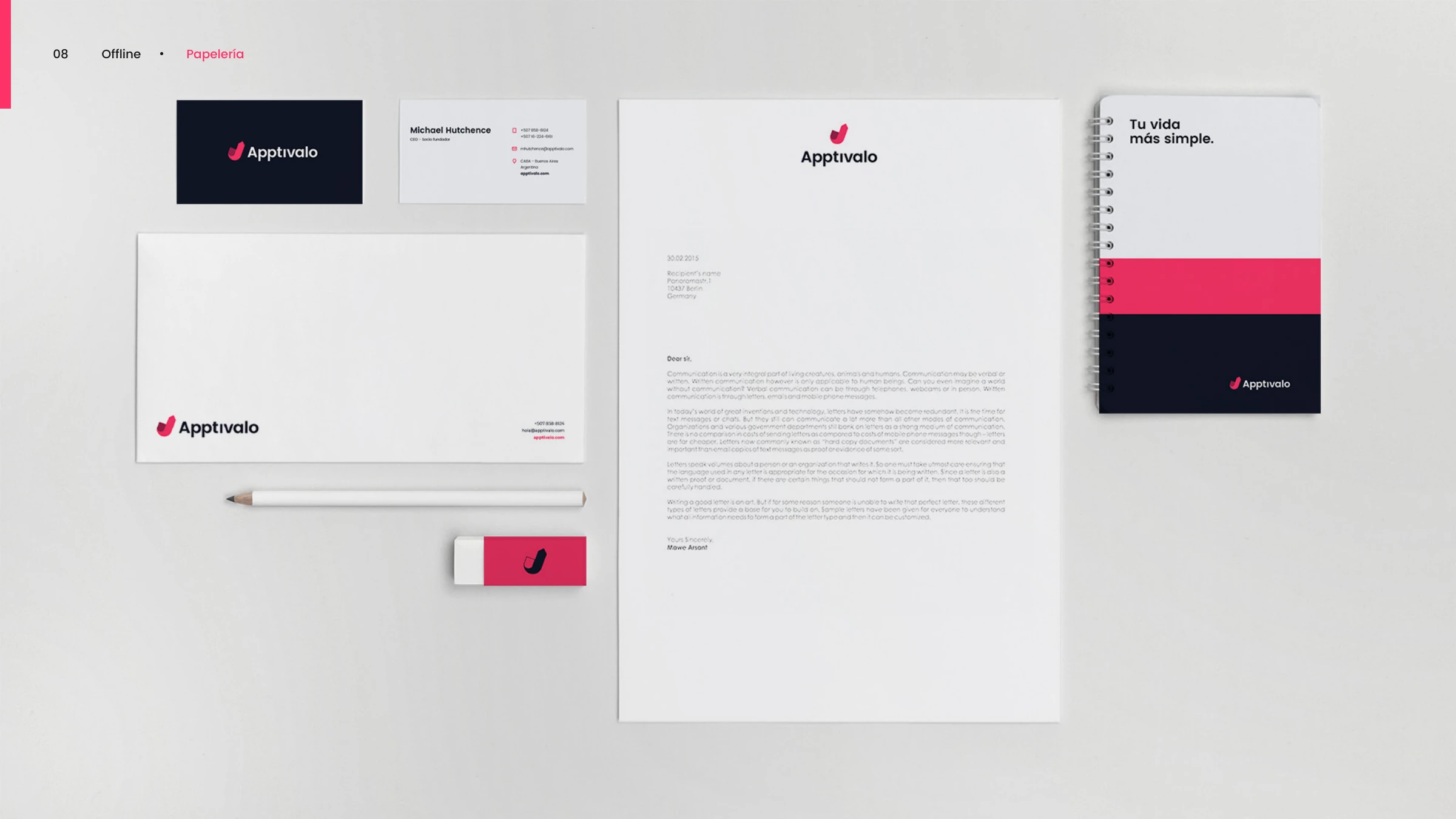 Apptivalo stationery — cards, envelope, letterhead and notebook