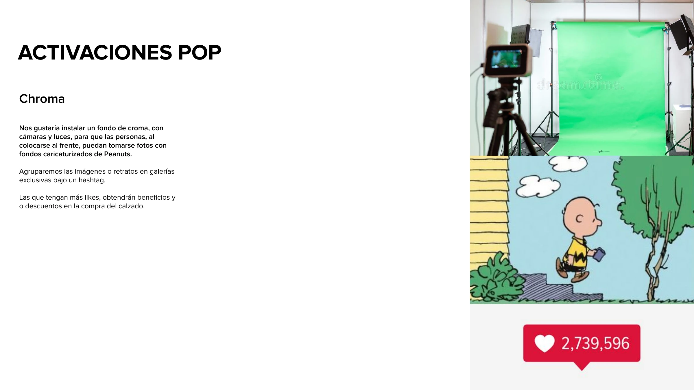 Chroma photo-booth activation — a green screen that drops shoppers into cartoon Peanuts backgrounds, shared under a hashtag