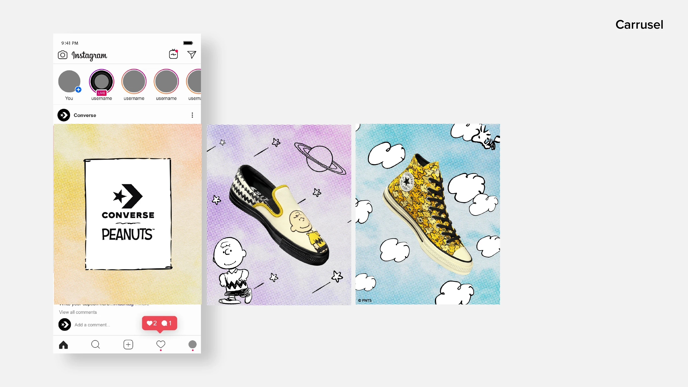 Instagram carousel — the Converse × Peanuts card followed by the Charlie Brown slip-on and the yellow Woodstock high-top