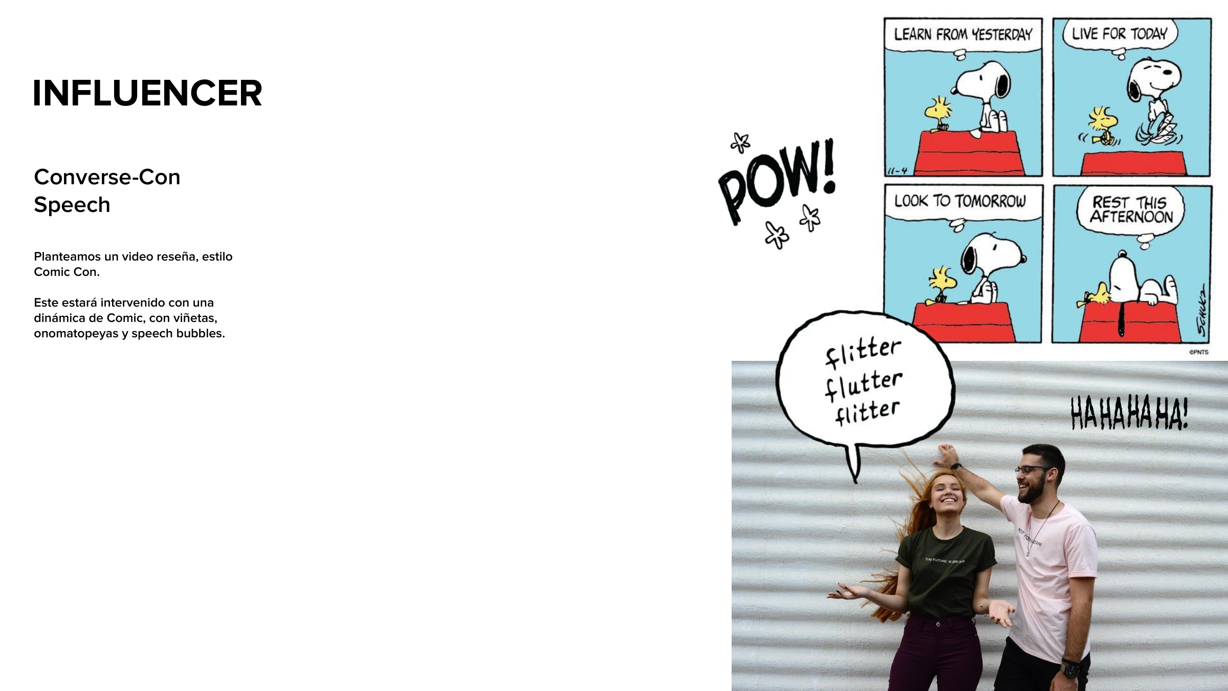 Converse-Con influencer concept — a comic-strip-style video review with Snoopy panels, POW! onomatopoeia and speech bubbles