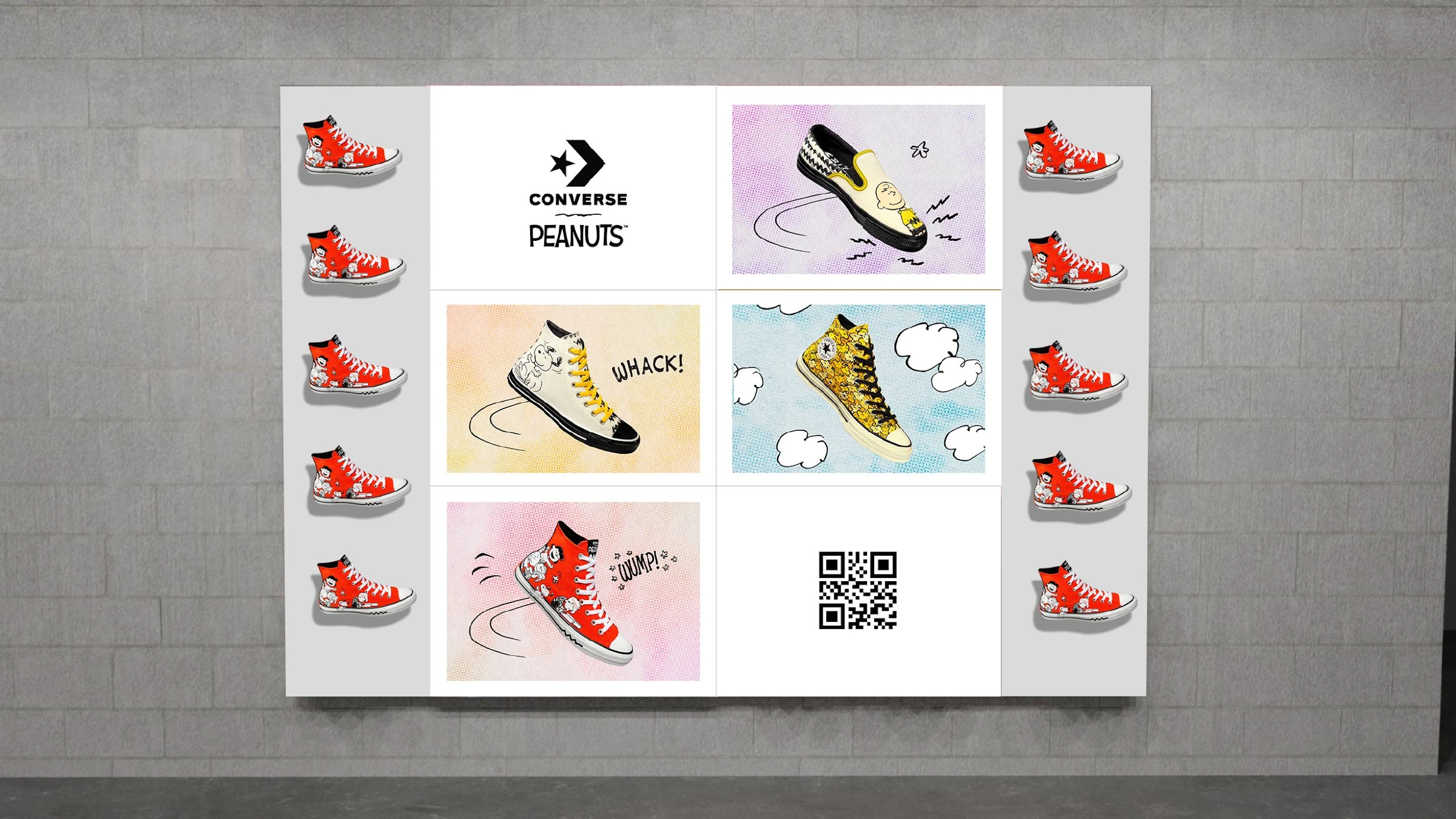 In-store wall display — the Converse × Peanuts lockup with a grid of collection shoes, a QR code and rows of the red gang sneaker