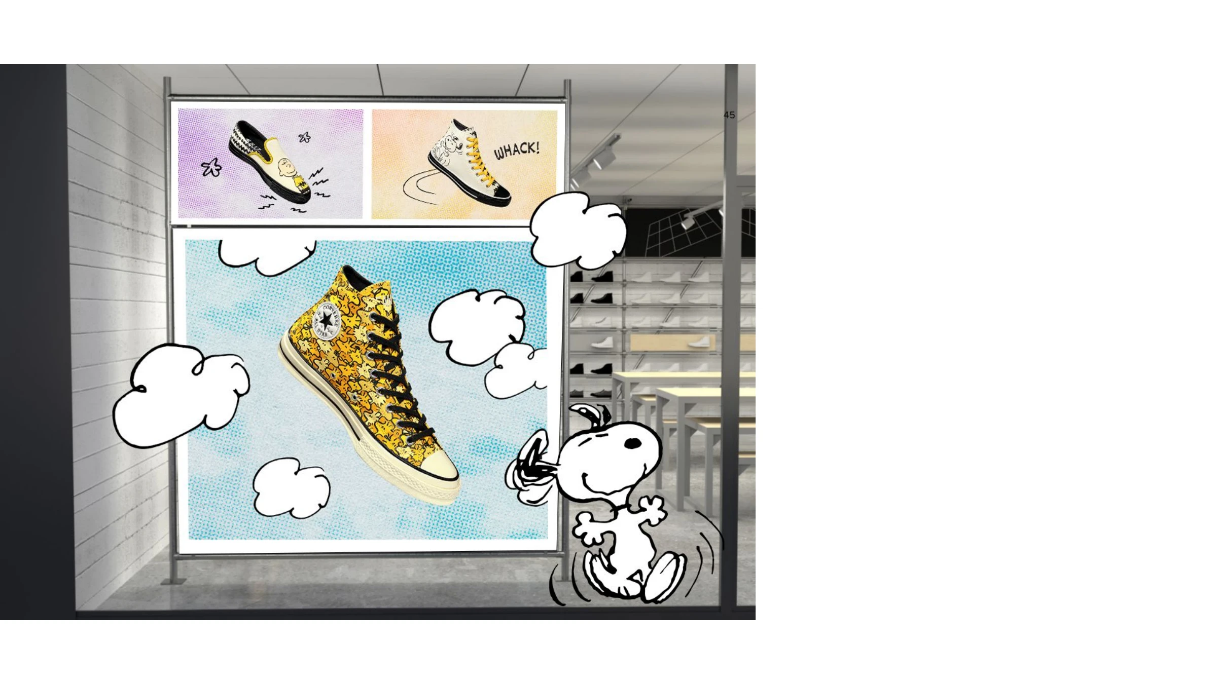 Store window display — the yellow Woodstock-print high-top floating in hand-drawn clouds with a dancing Snoopy