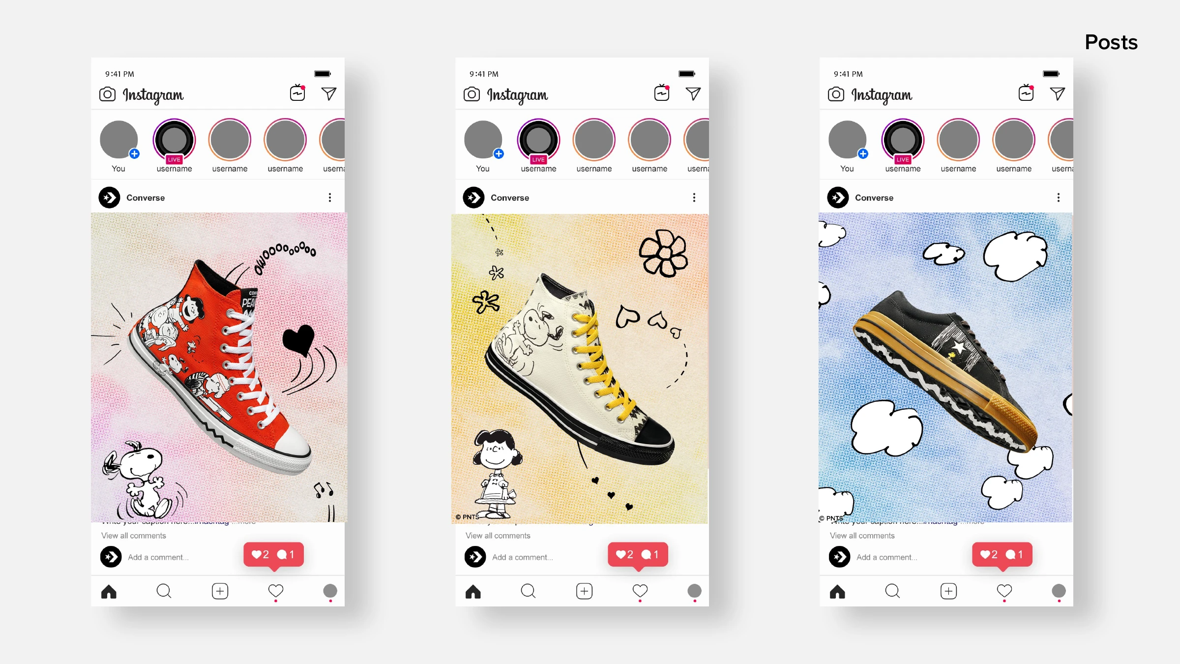 Instagram feed posts — the red gang shoe, the cream Snoopy Chuck 70 and the black One Star on pastel halftone backgrounds