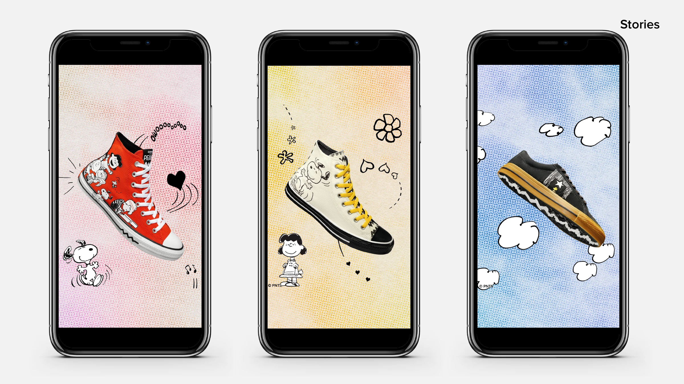 Instagram stories — the red, cream and black collection shoes shown full-screen on phones