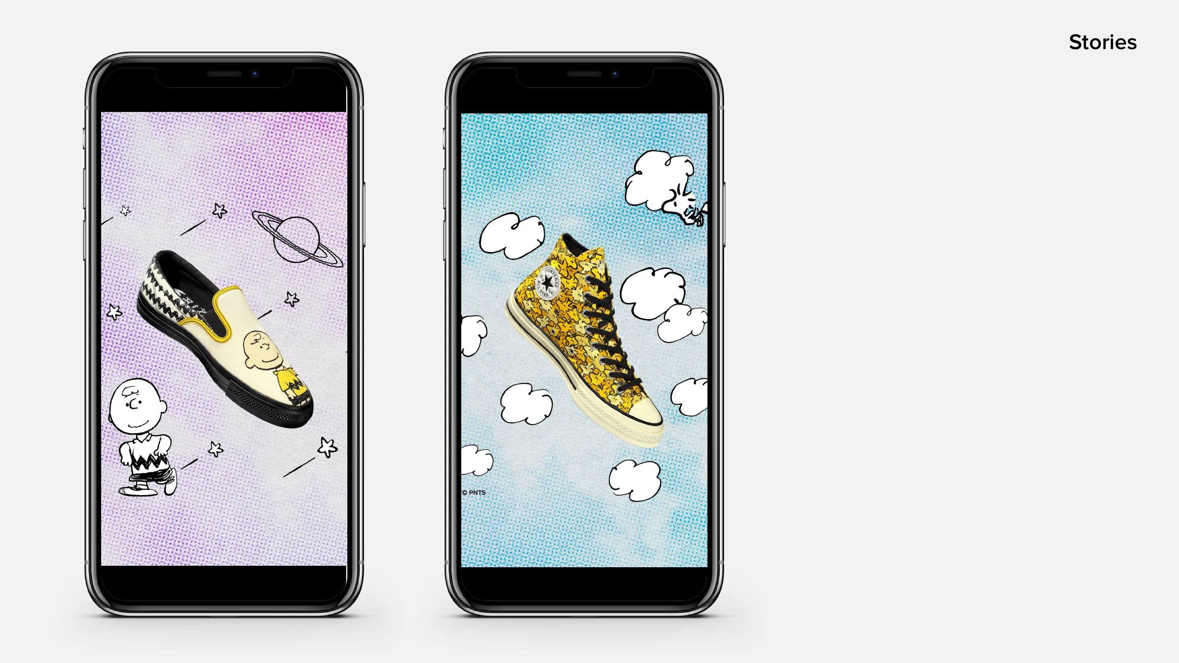 Instagram stories — the Charlie Brown slip-on in space and the yellow Woodstock high-top in clouds
