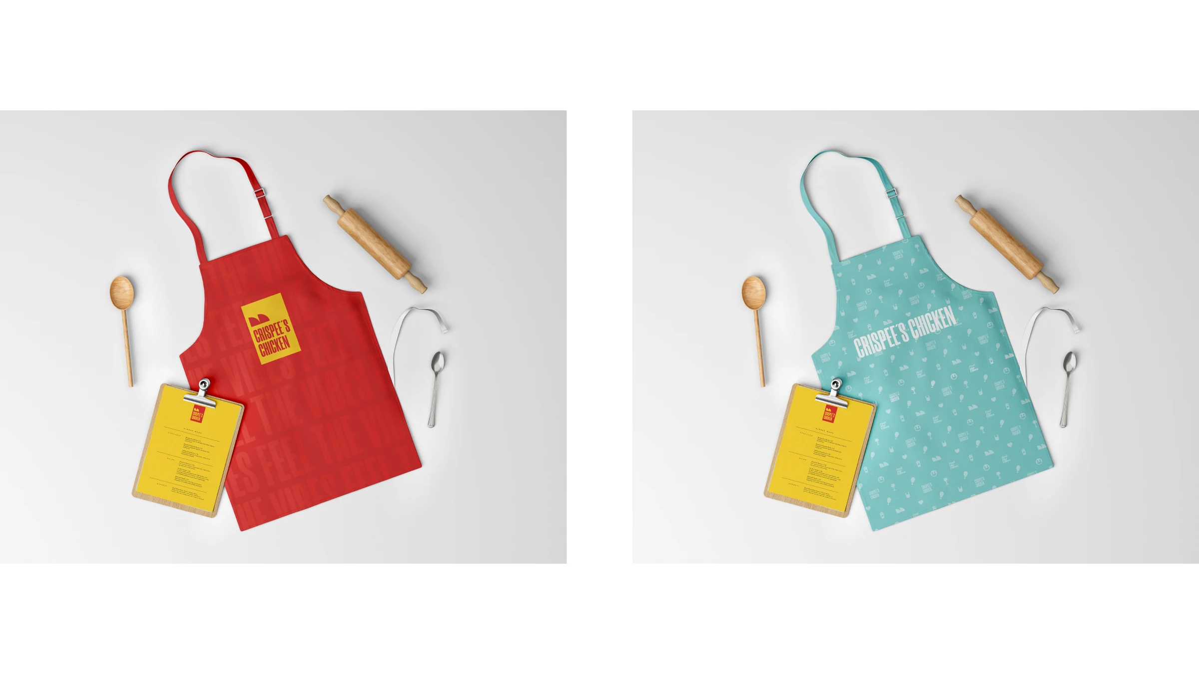 Crispee's Chicken branded aprons and menu boards