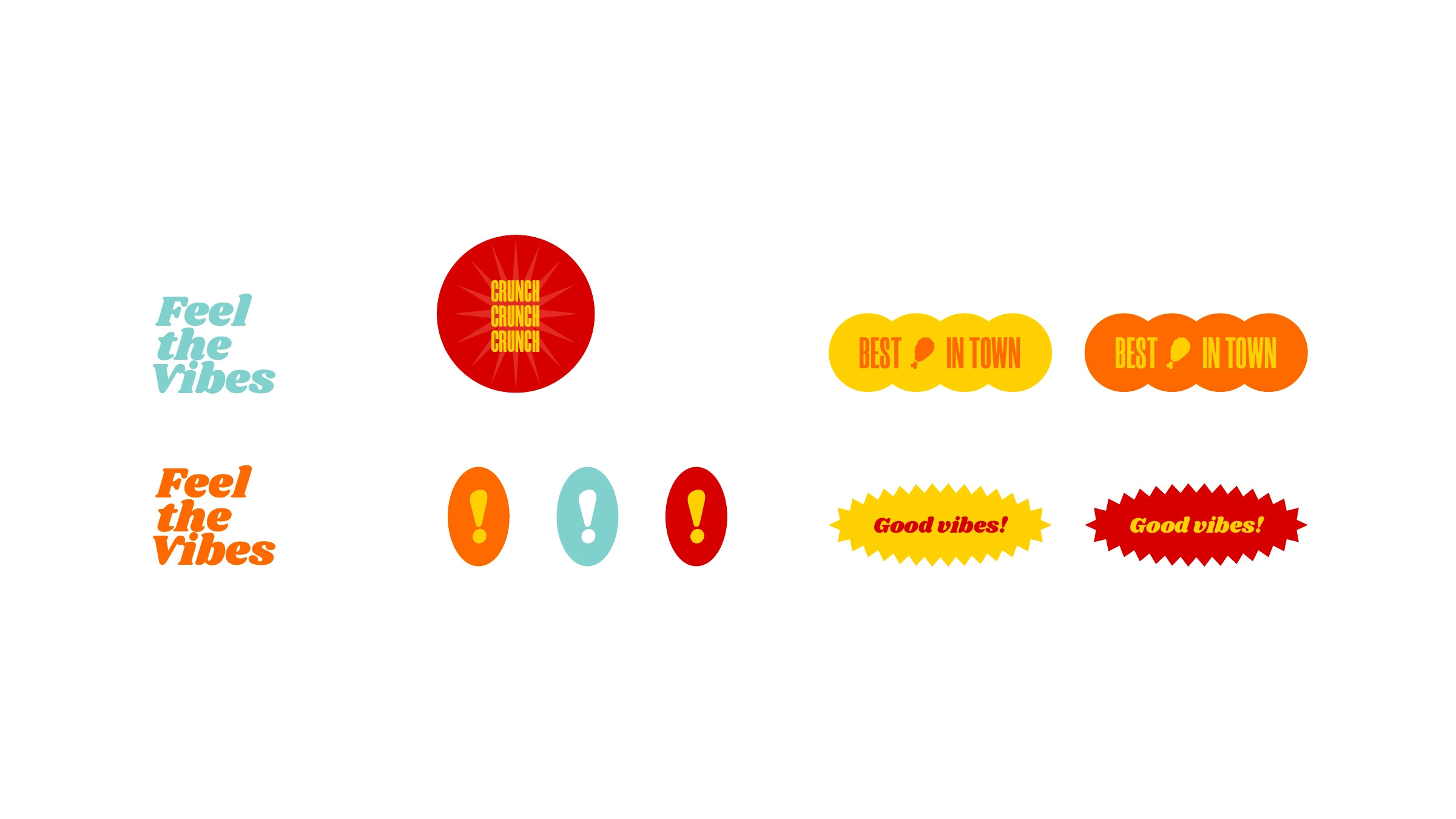 Crispee's Chicken sticker badges — feel the vibes, crunch, best in town, good vibes