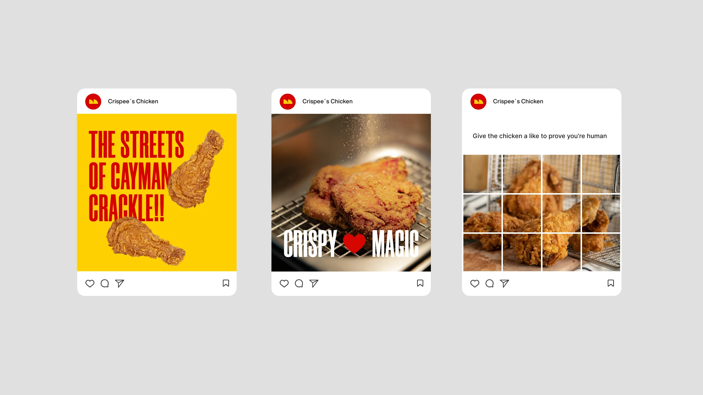 Crispee's Chicken Instagram posts — streets of Cayman crackle, crispy magic