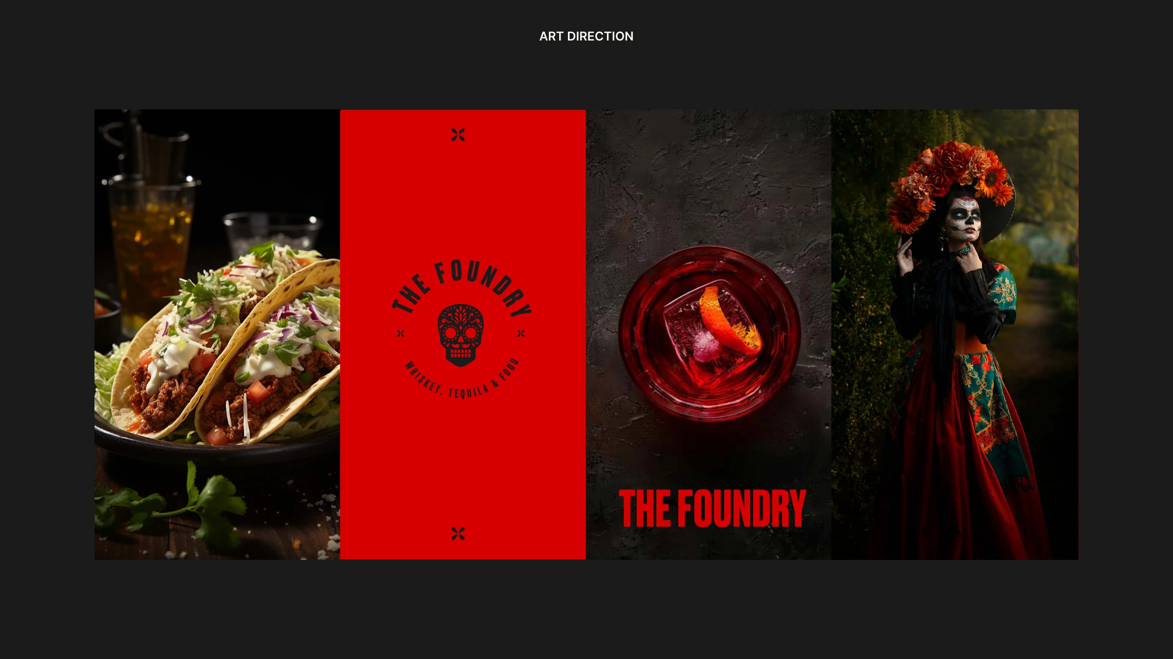 Art direction — tacos, the red circular badge, a smoked negroni, and a Catrina in flowers