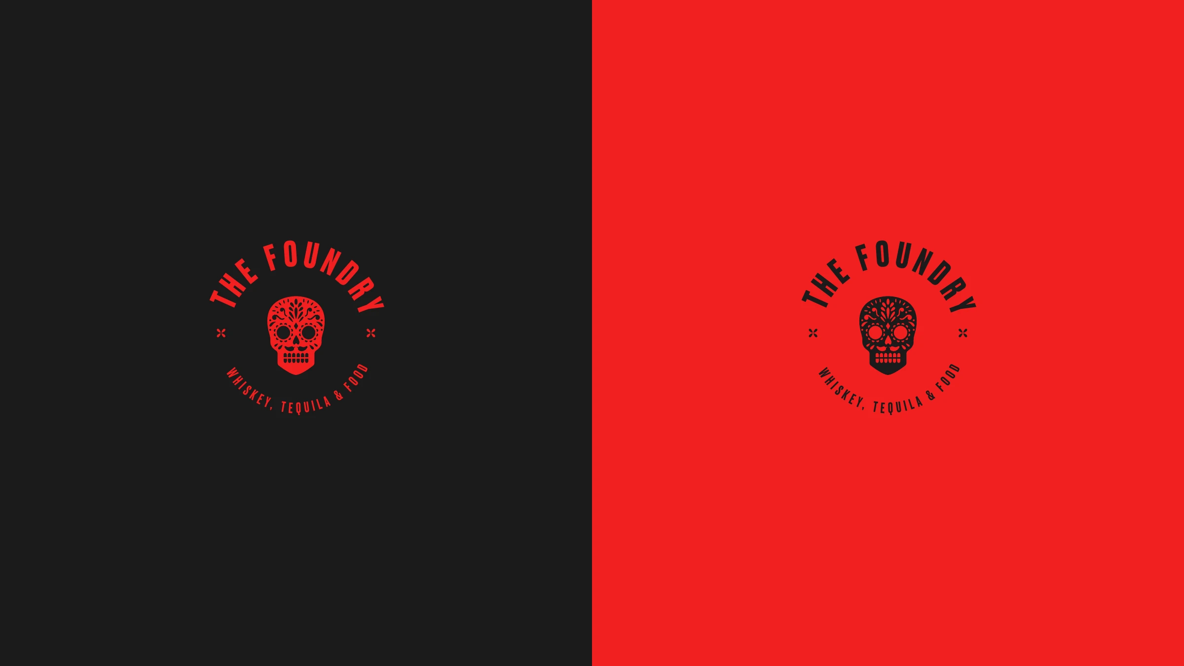 The circular badge shown in red-on-black and black-on-red color pairings