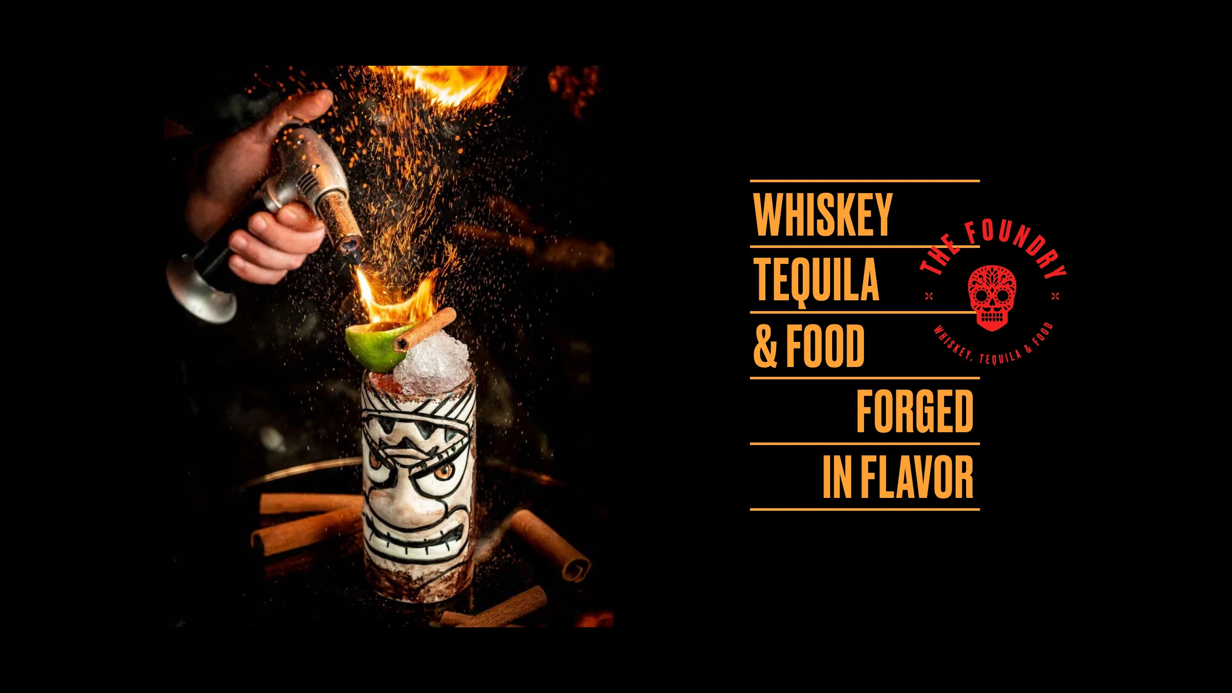 A flaming tiki cocktail being torched — 'Whiskey, Tequila & Food · Forged in Flavor'