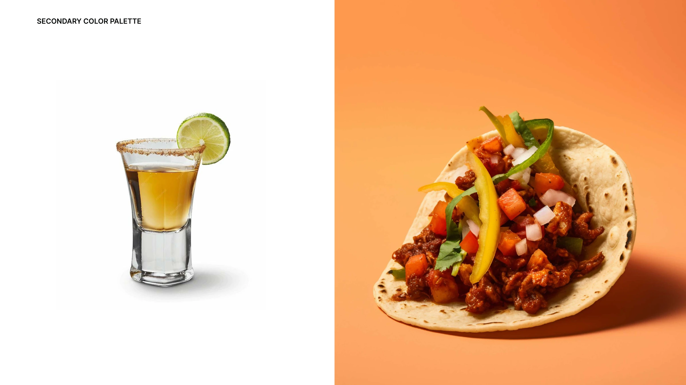 Secondary color palette — a salted tequila shot with lime and a pastor taco on orange