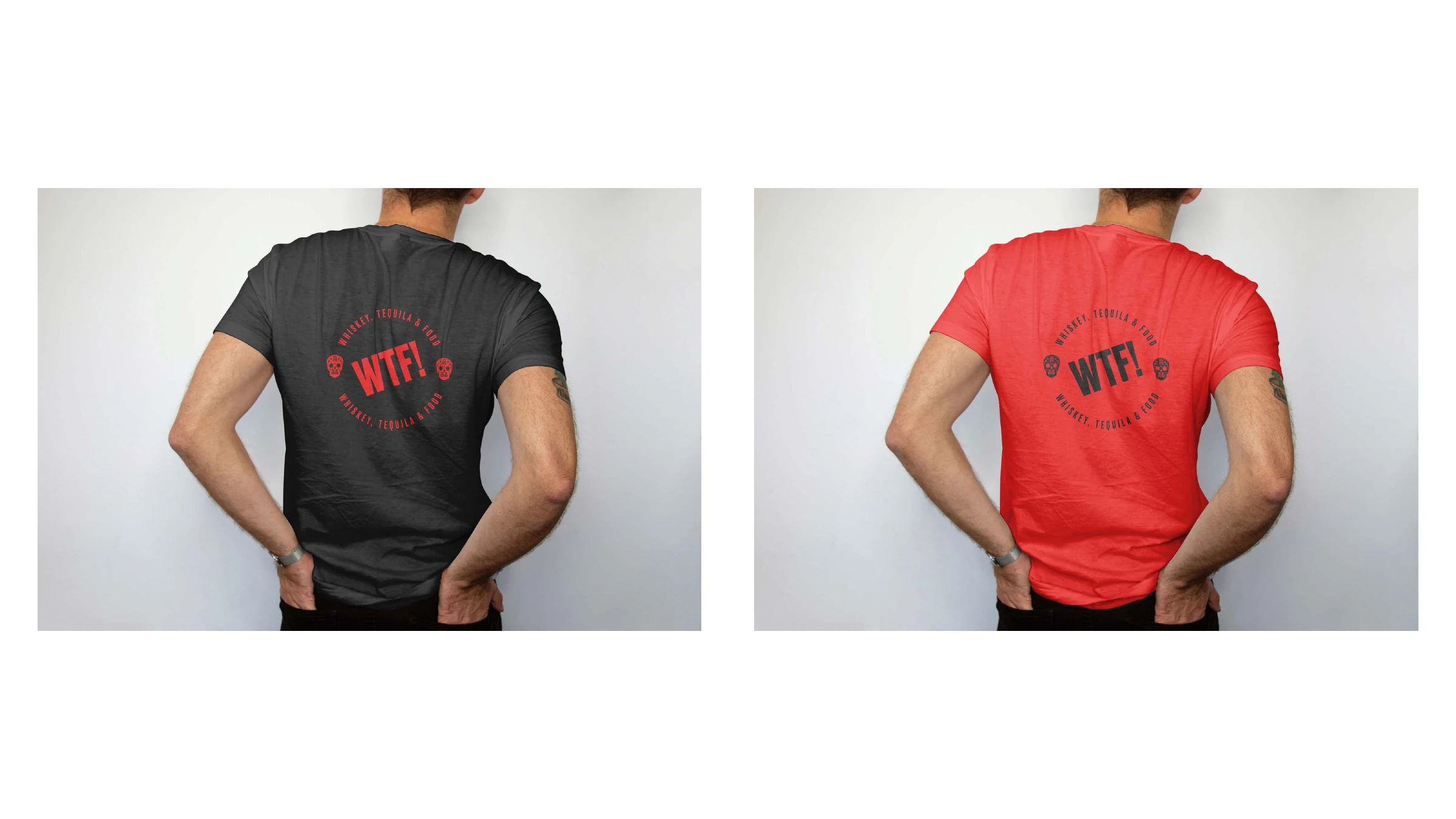 The Foundry t-shirts, back — the WTF! badge on charcoal and red tees