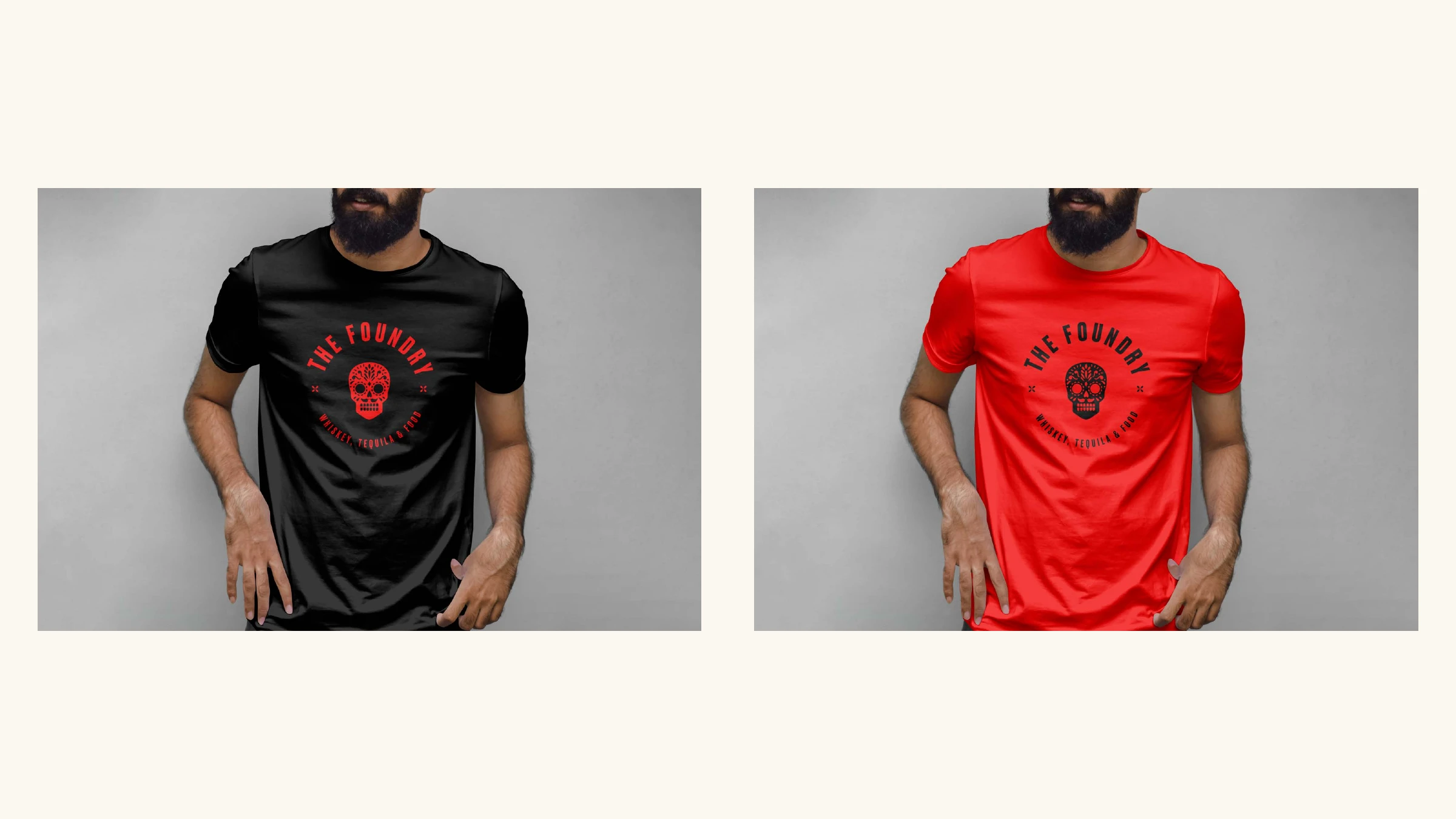 The Foundry t-shirts, front — the skull badge printed on black and red tees