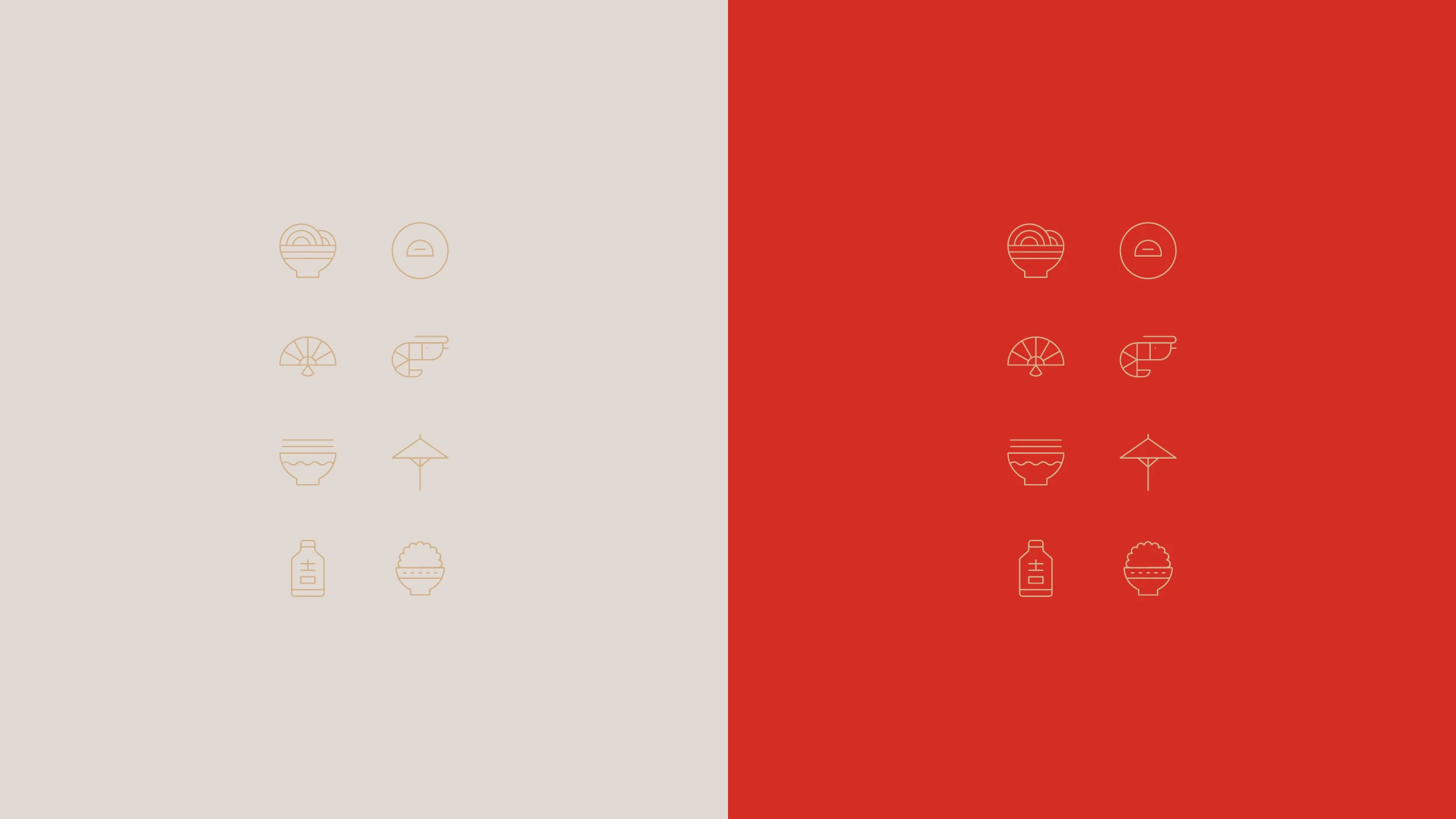 KUAI line icon set — noodles, bowls, shrimp, fan, sauce, rice