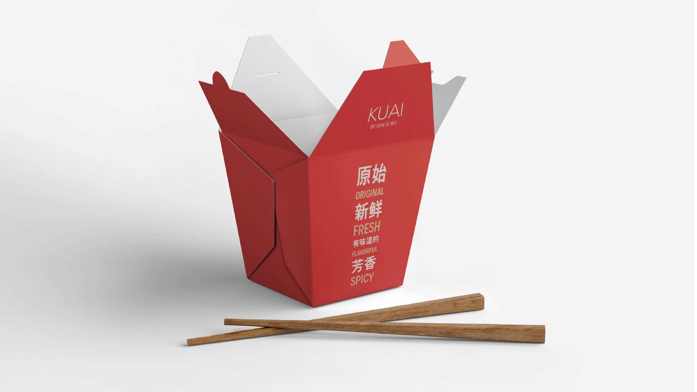 KUAI red takeout box with bilingual Original / Fresh / Spicy labels
