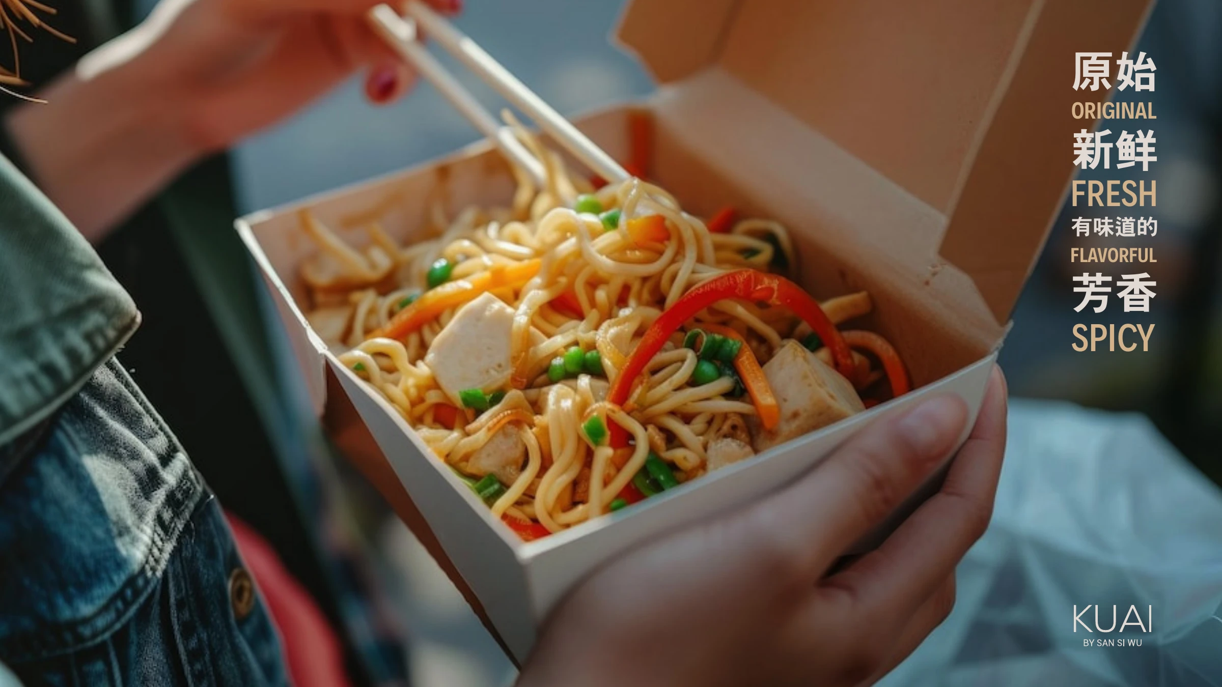 A hand holding a KUAI noodle box, eating on the go