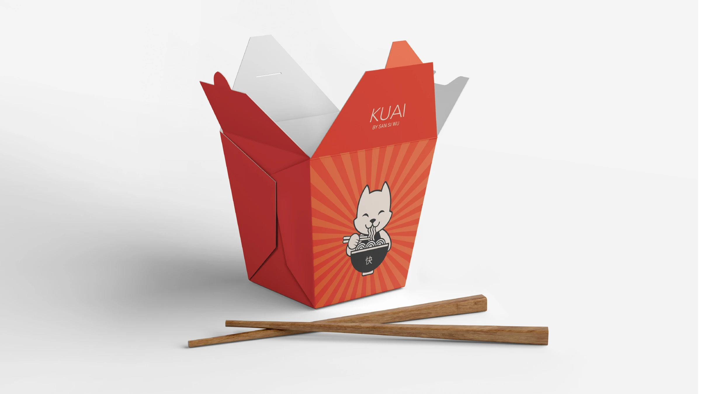 KUAI orange takeout box with mascot and sunburst