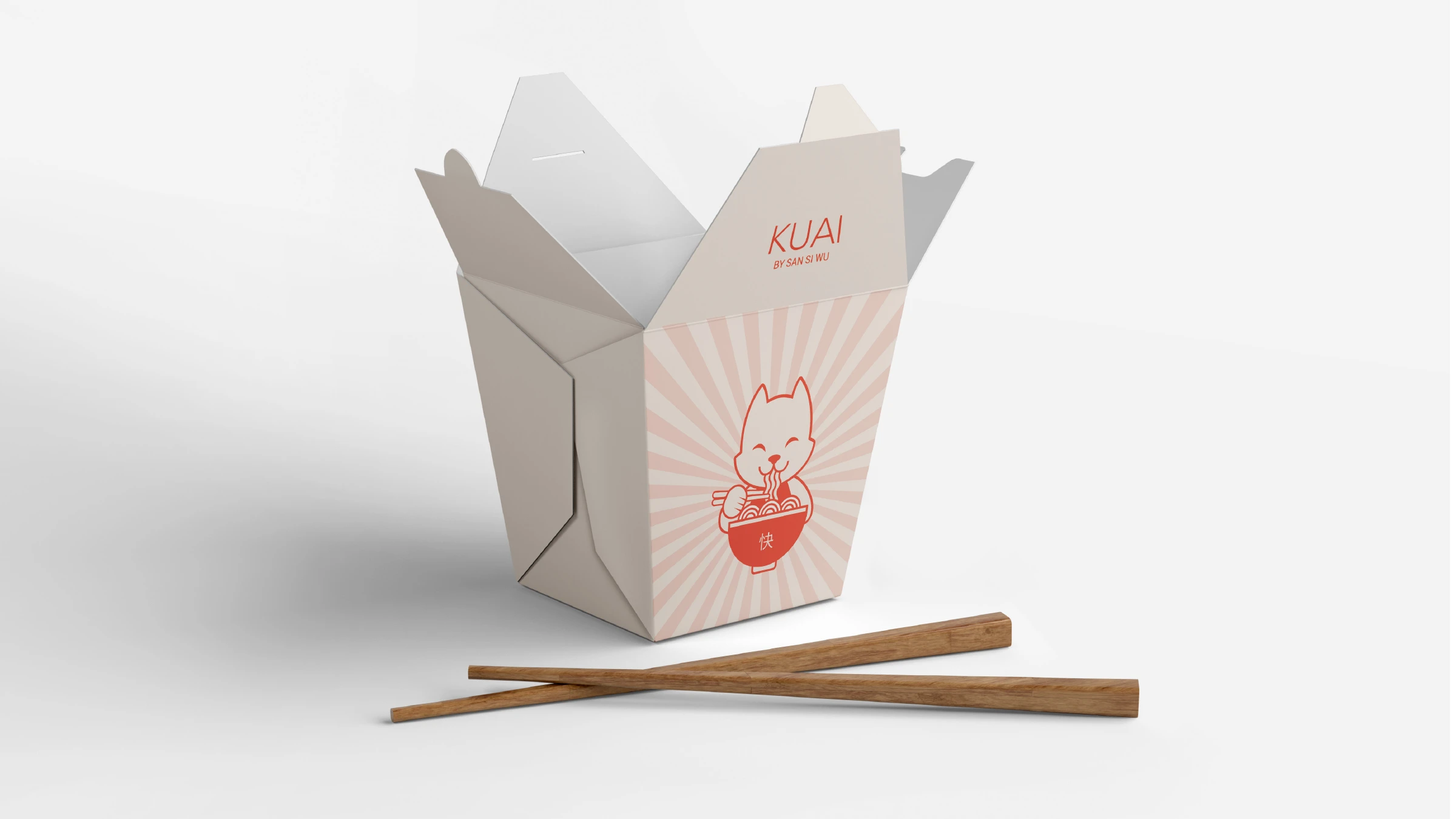 KUAI light takeout box with mascot and sunburst