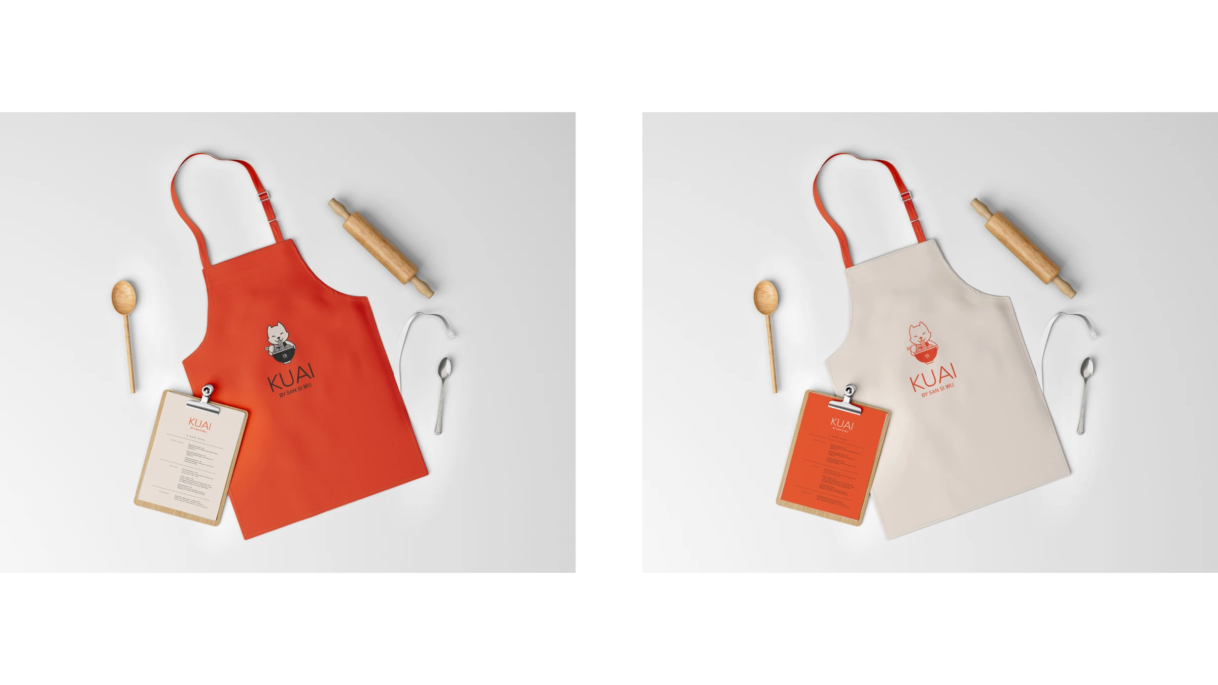 KUAI staff aprons and menus in orange and cream