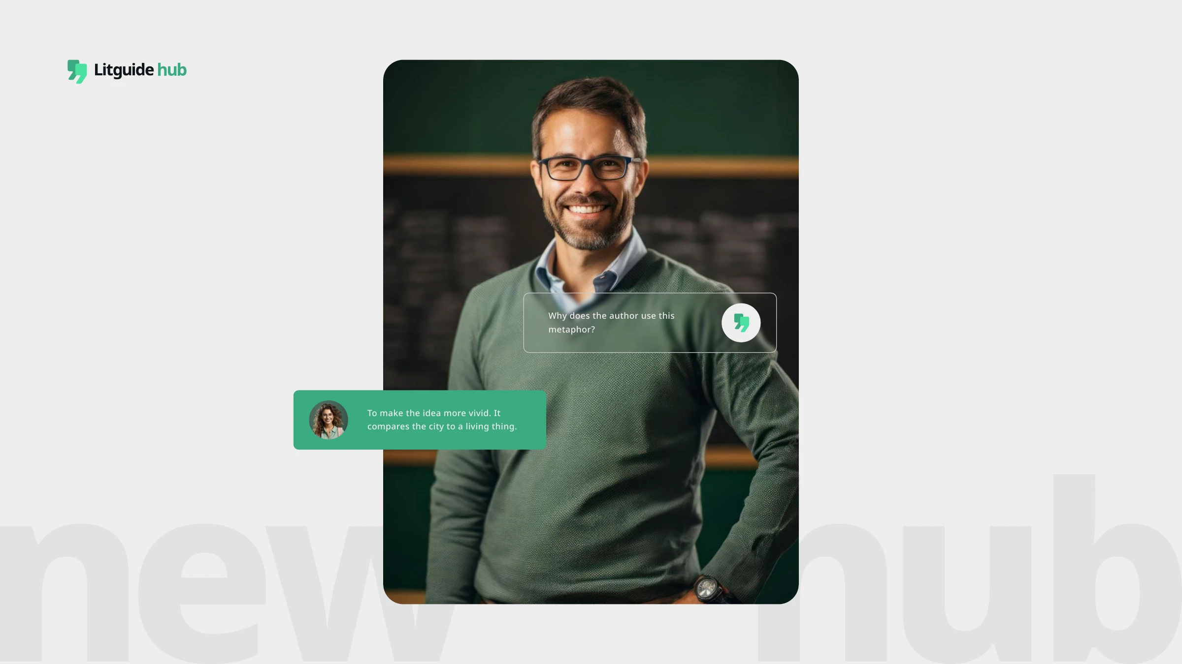 A teacher with Litguide feedback bubbles — direct question feedback