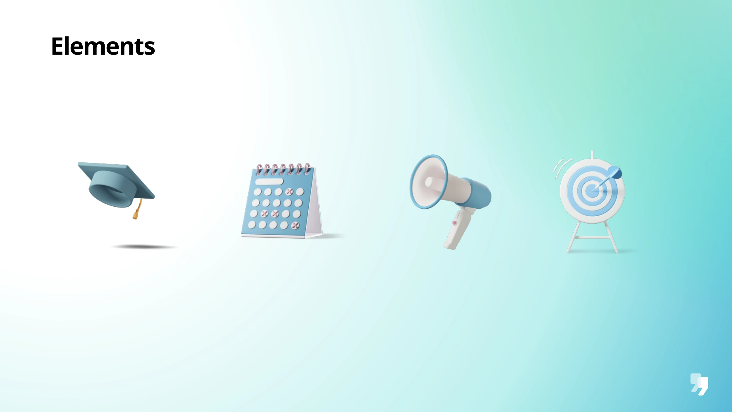 Litguide 3D elements — graduation cap, calendar, megaphone, target