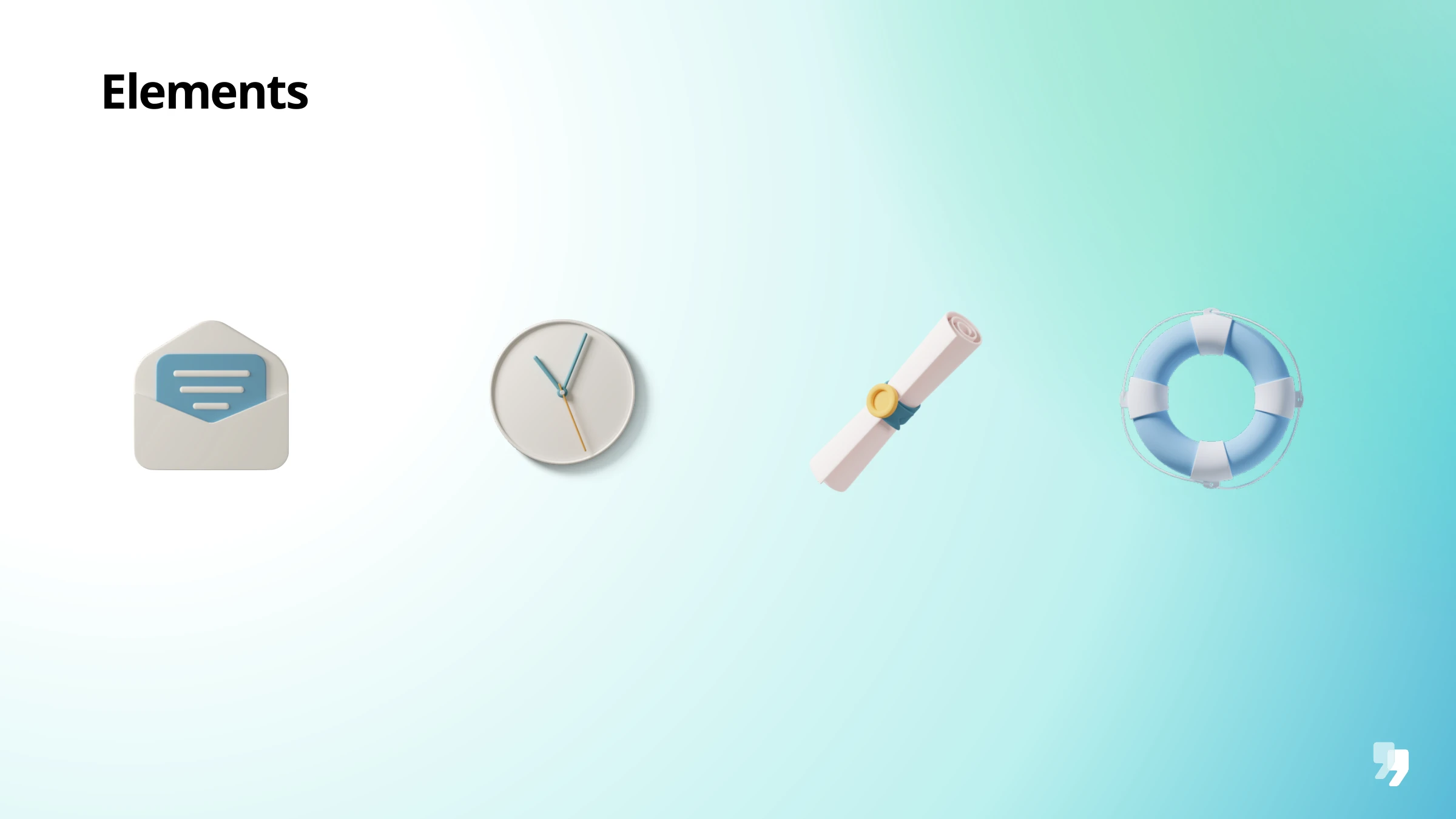Litguide 3D elements — envelope, clock, diploma, life ring