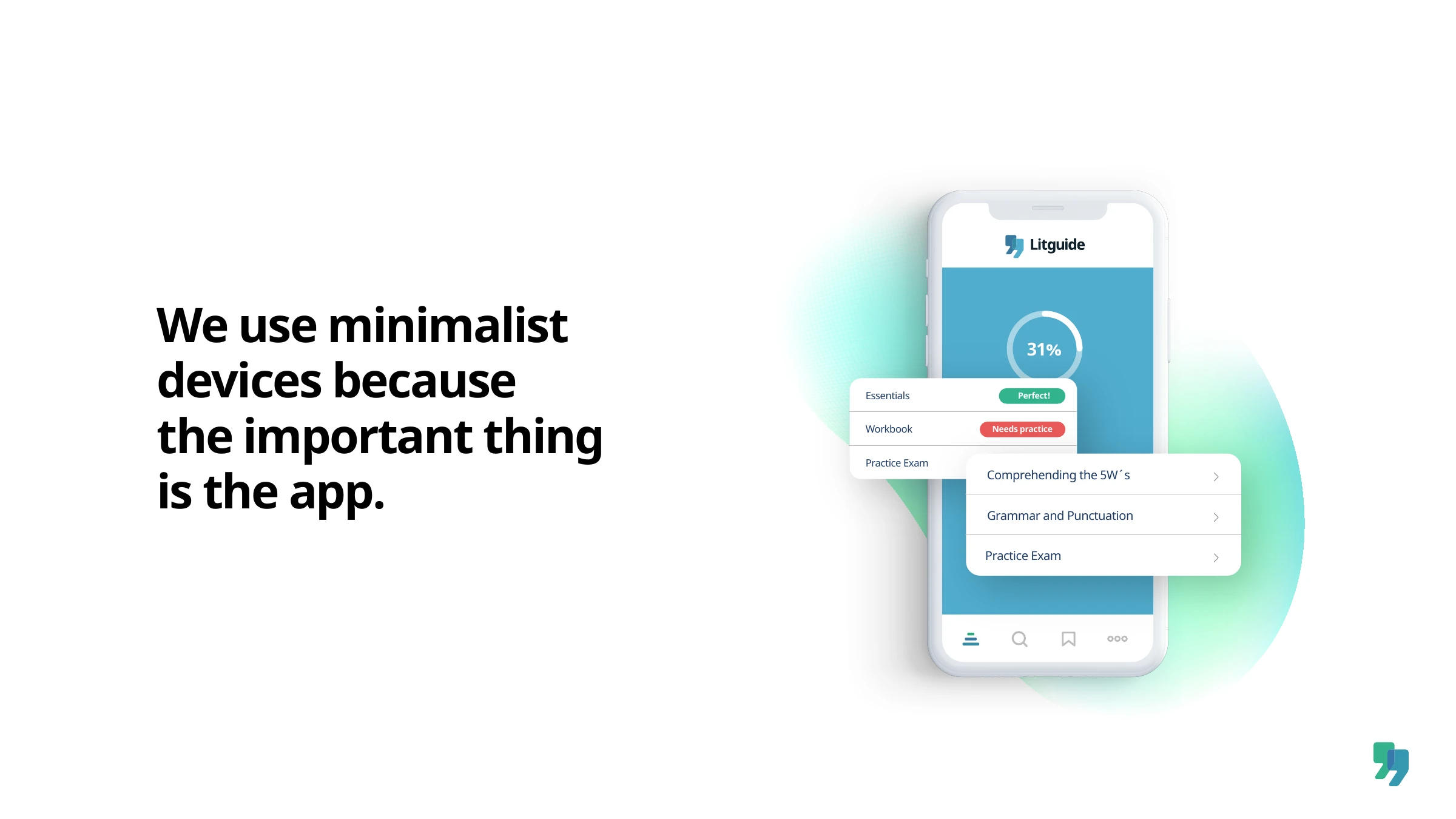 The Litguide app — progress and per-section feedback, Perfect and Needs practice