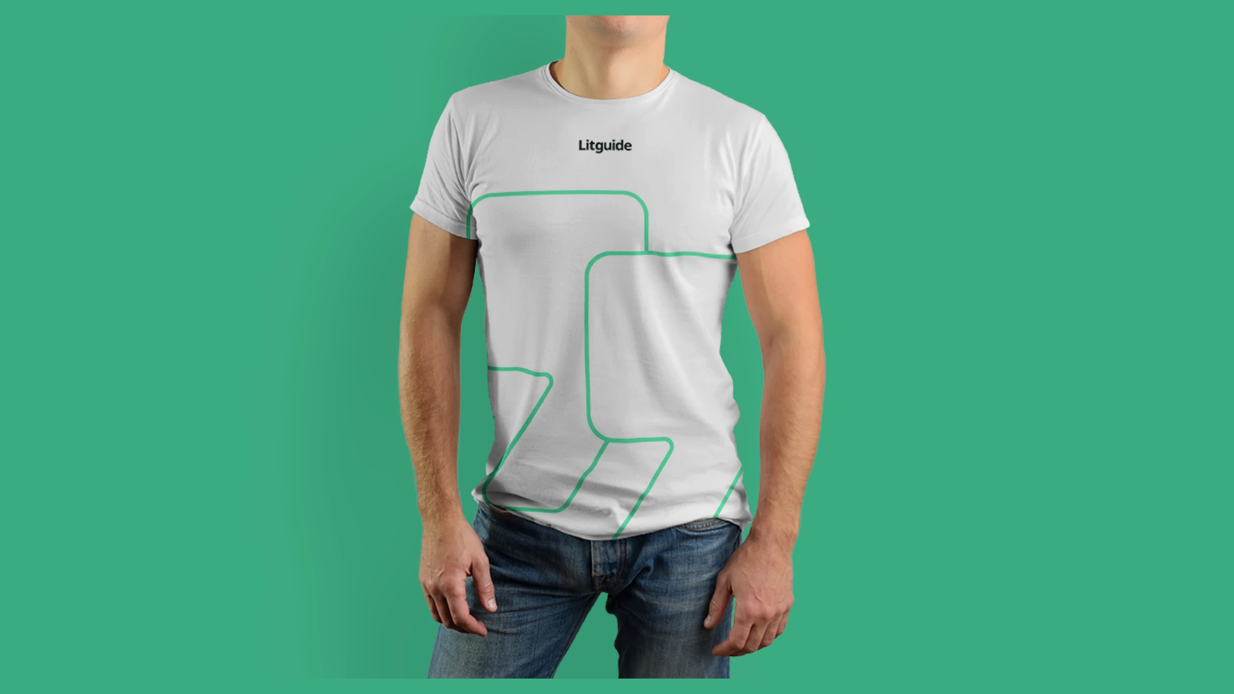 Litguide white tee with the green line-pattern graphic