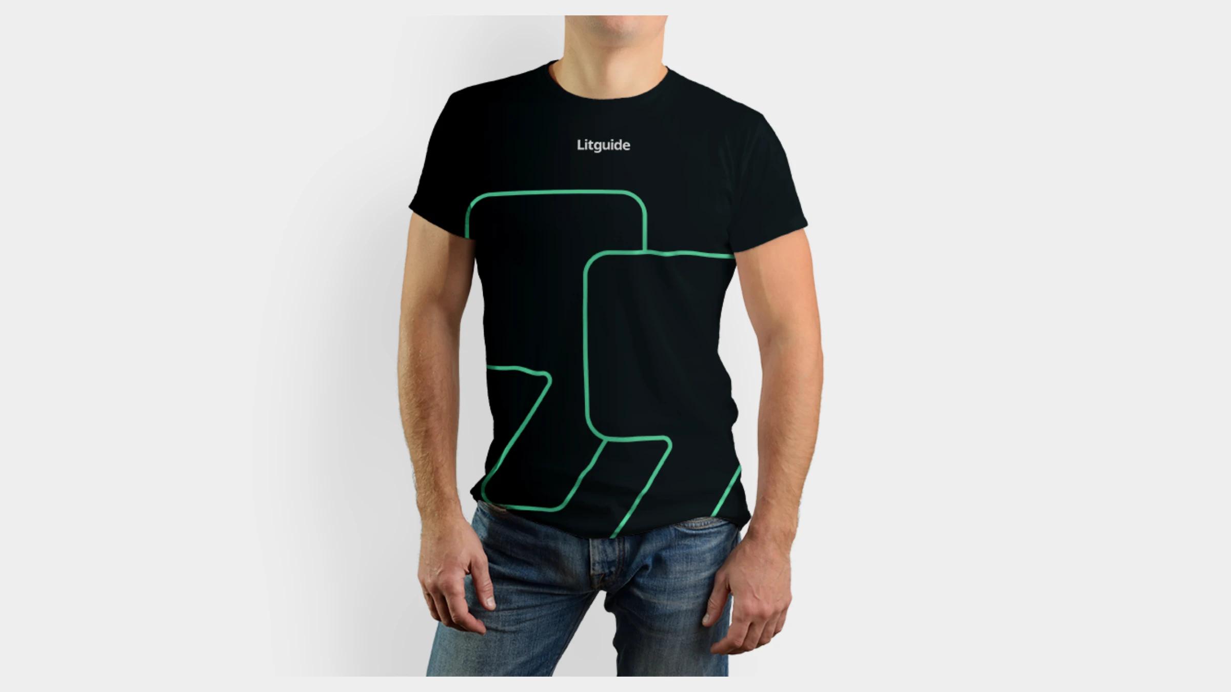 Litguide black tee with the green line-pattern graphic