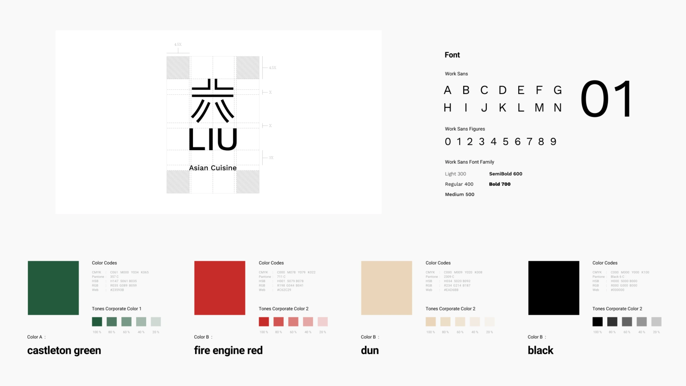 LIU logo construction, Work Sans type and the brand palette — castleton green, fire-engine red, dun and black