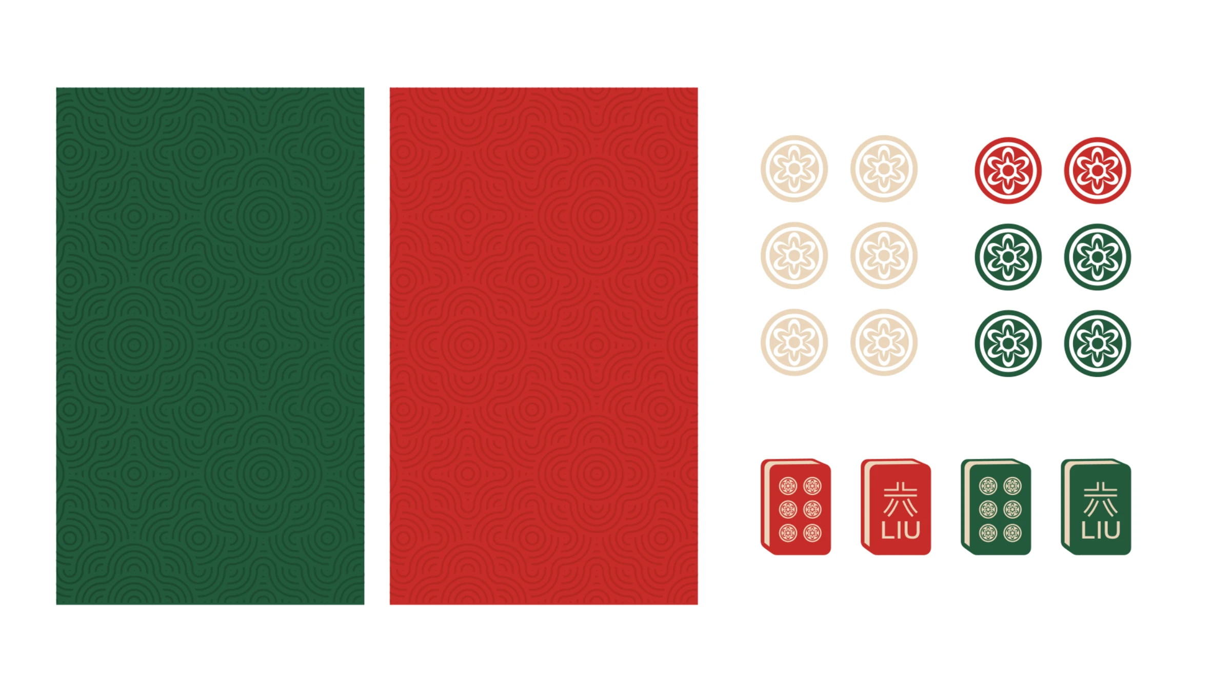 LIU swirl patterns, lucky-coin icons and mahjong tiles