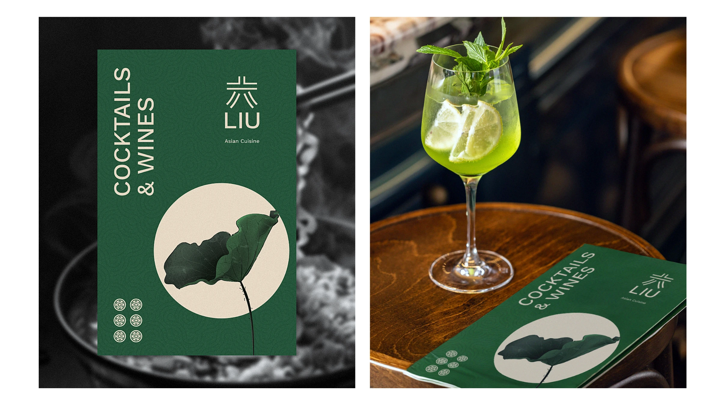 LIU cocktails & wines menu with a lotus motif