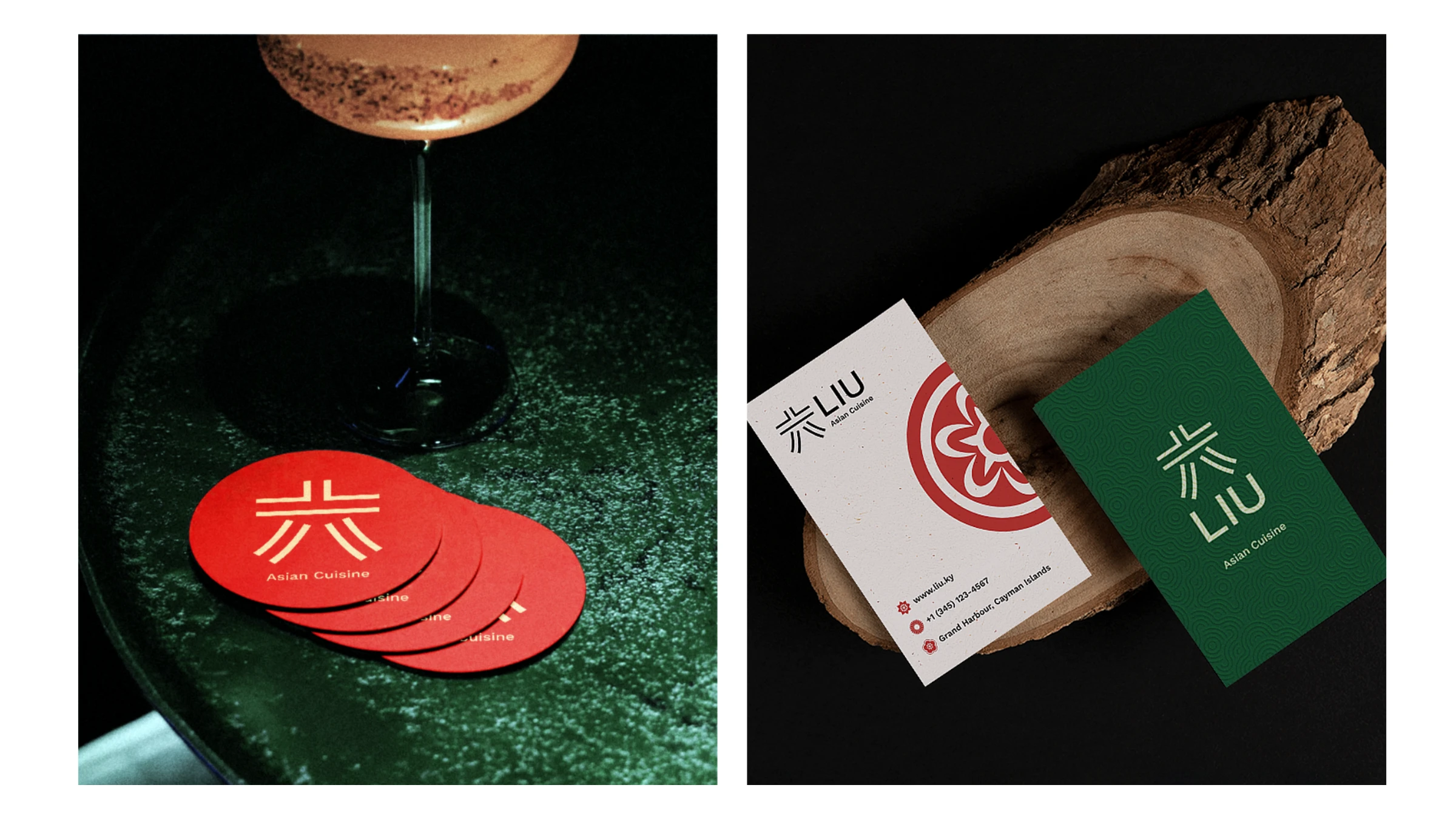 LIU red coasters and green-and-white business cards
