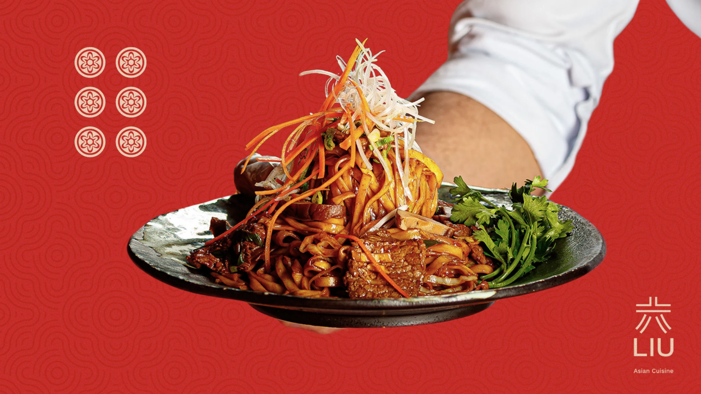 A LIU dish plated and served against the red brand pattern