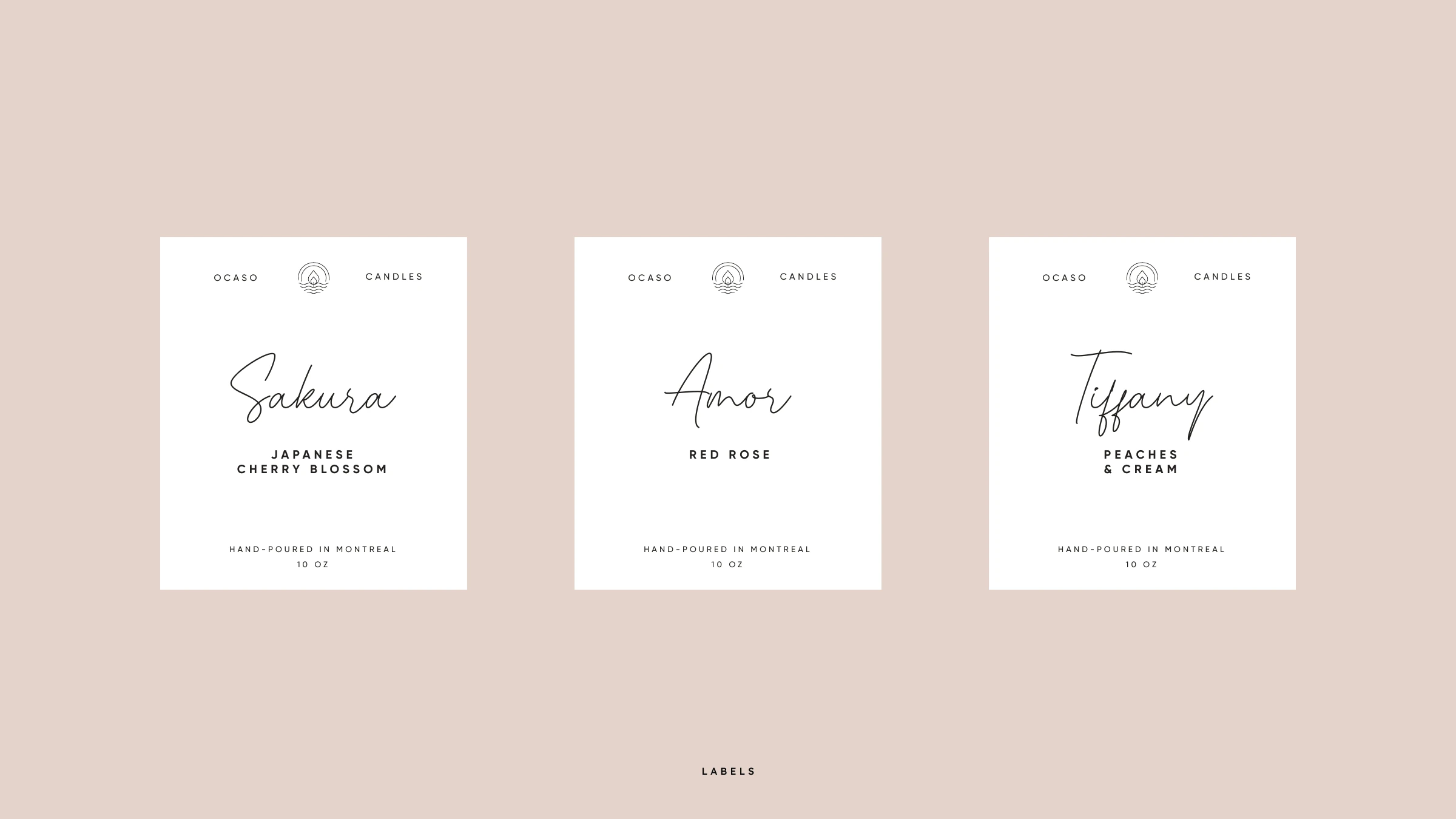 OCASO candle labels — Sakura, Amor and Tiffany