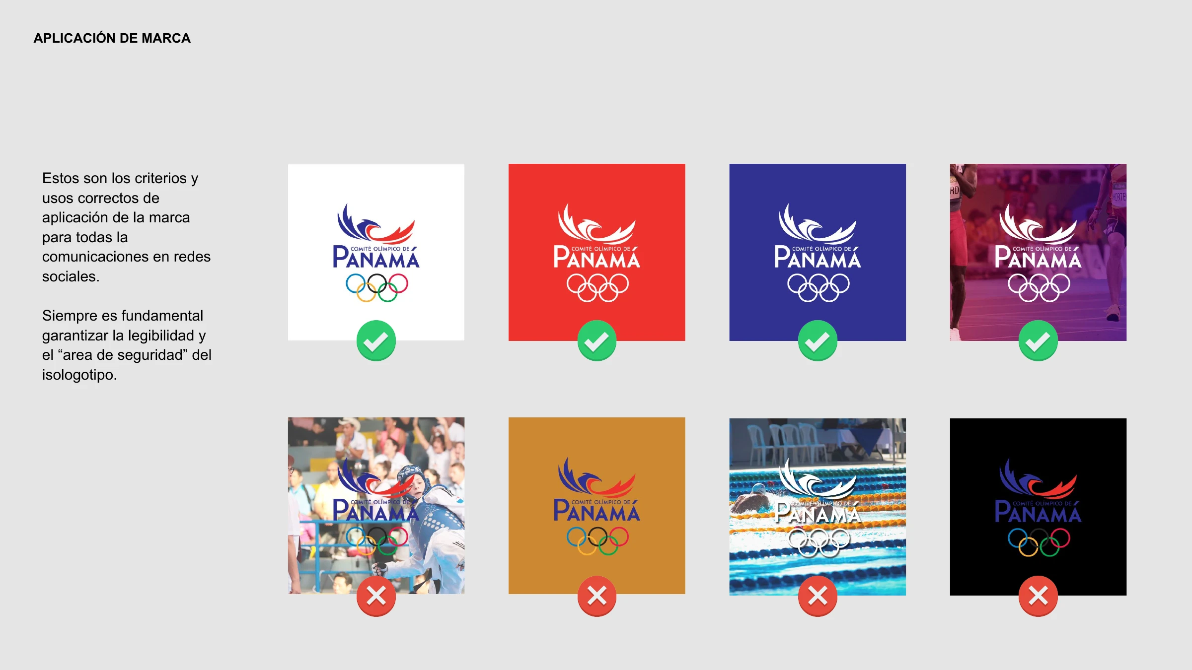 Brand application — correct and incorrect ways to place the Comité Olímpico de Panamá logo on color and photo backgrounds