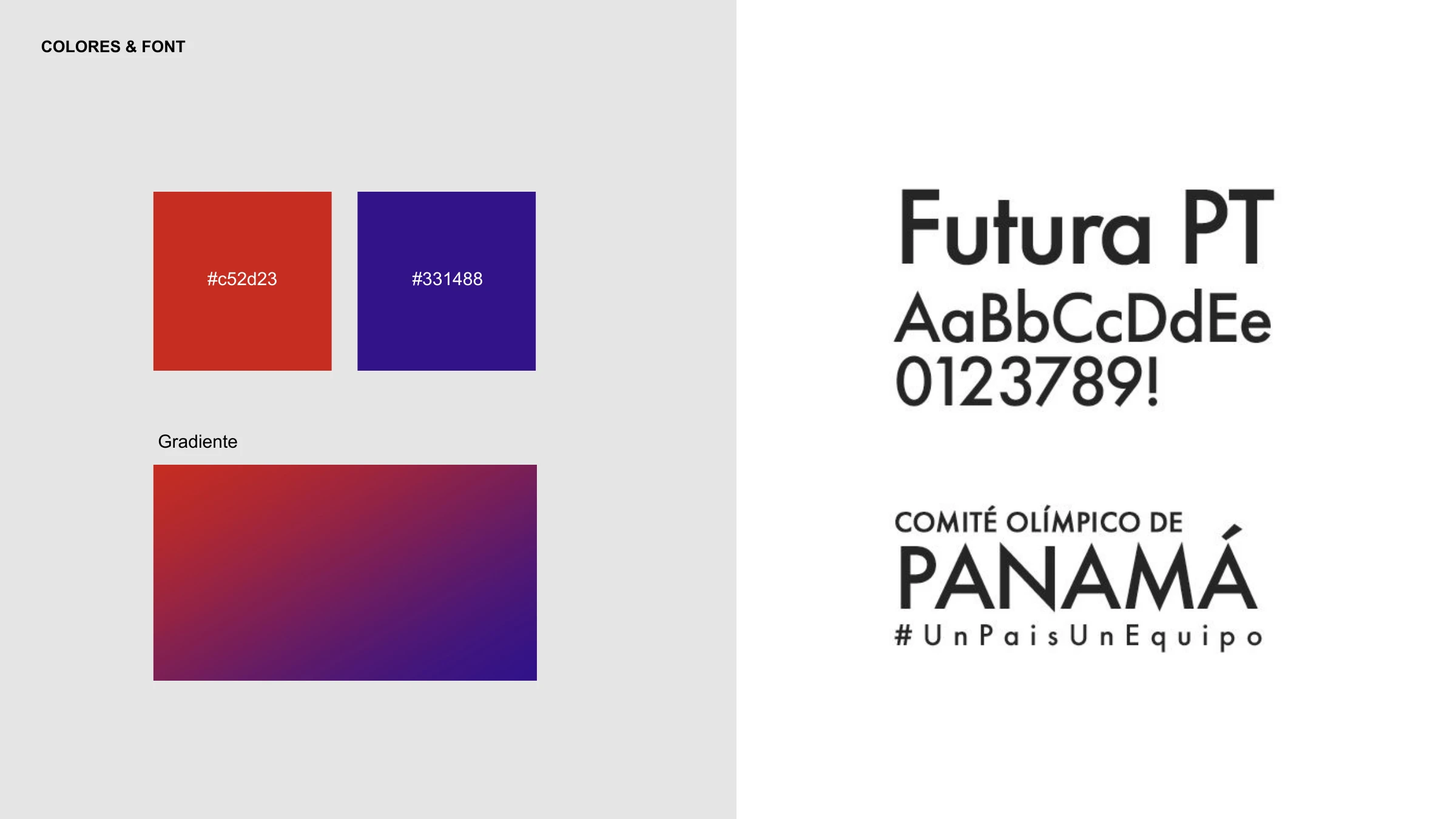Colors and font — fire red #C52D23, indigo #331488, their gradient, and Futura PT