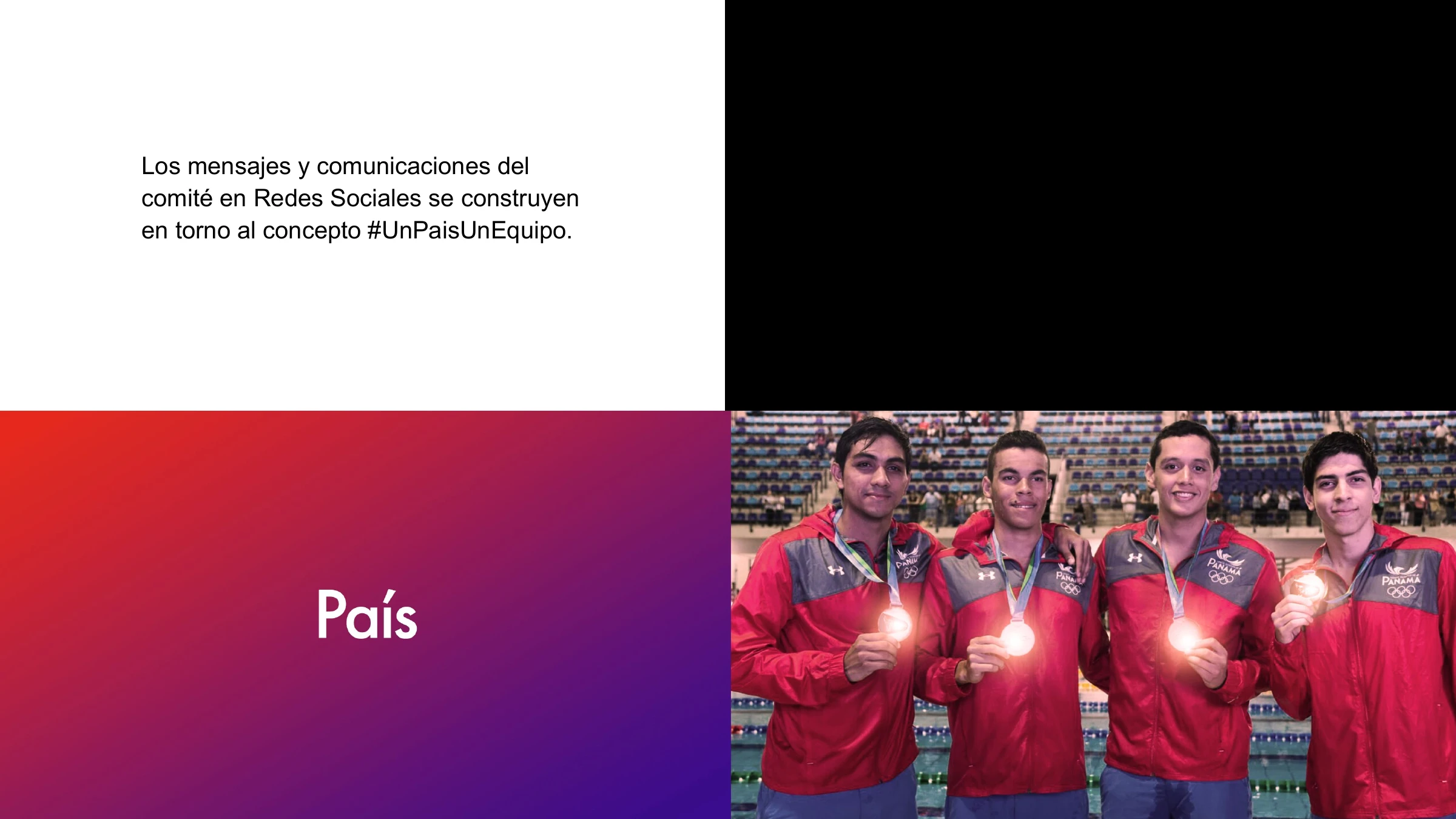 The #UnPaísUnEquipo concept — country, gradient and the Panama swimming relay with their medals