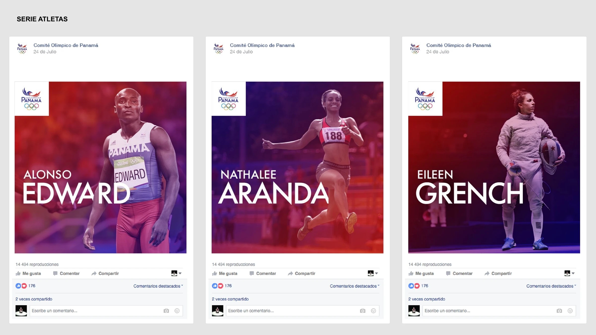 Serie Atletas — athlete posts for Alonso Edward, Nathalee Aranda and Eileen Grench on the brand gradient