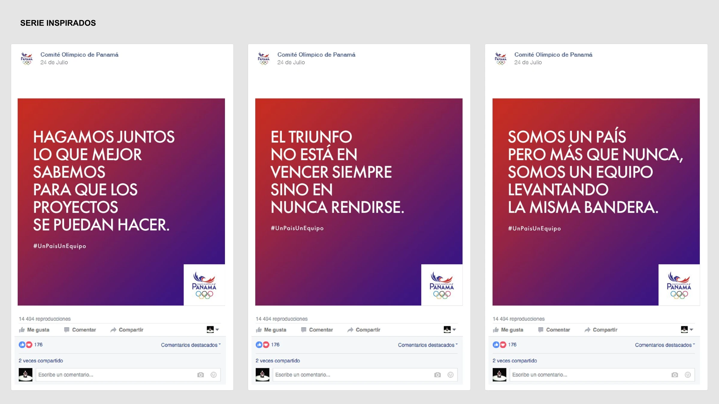 Serie Inspirados — motivational quote posts on the red-to-indigo gradient, signed #UnPaísUnEquipo