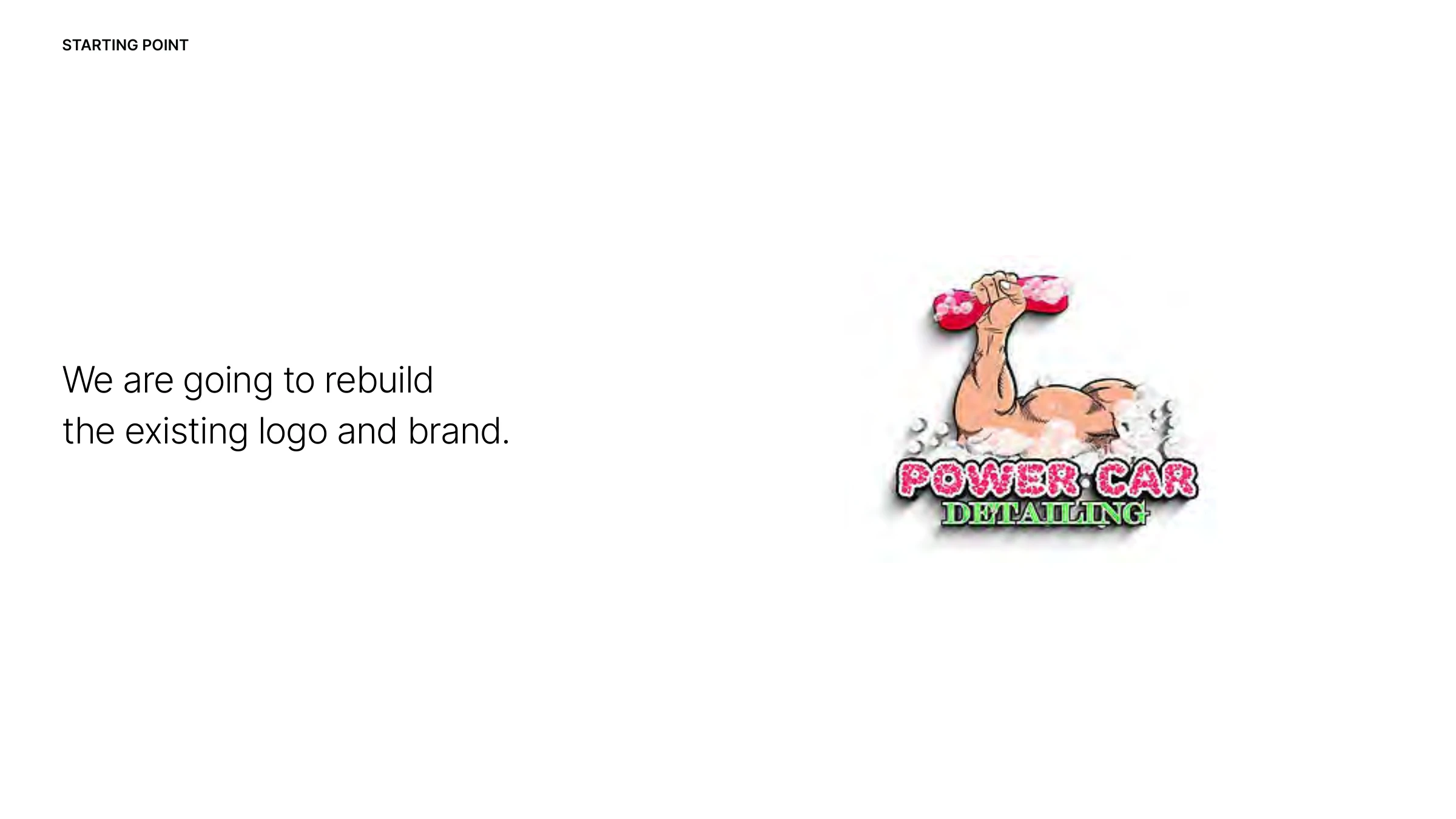 The original Power Car Detailing logo — a dated flexed arm holding a sudsy sponge in clashing pink and green