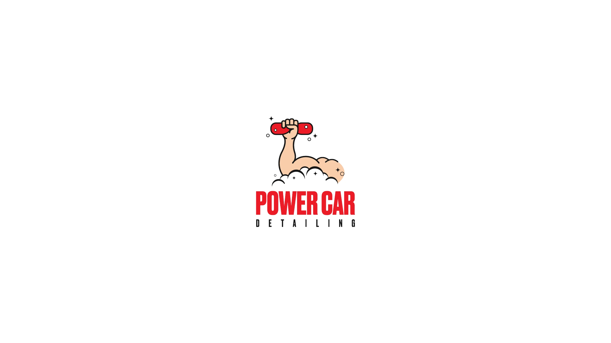 The rebuilt Power Car Detailing icon — a clean line-art arm over soap suds in red, on white