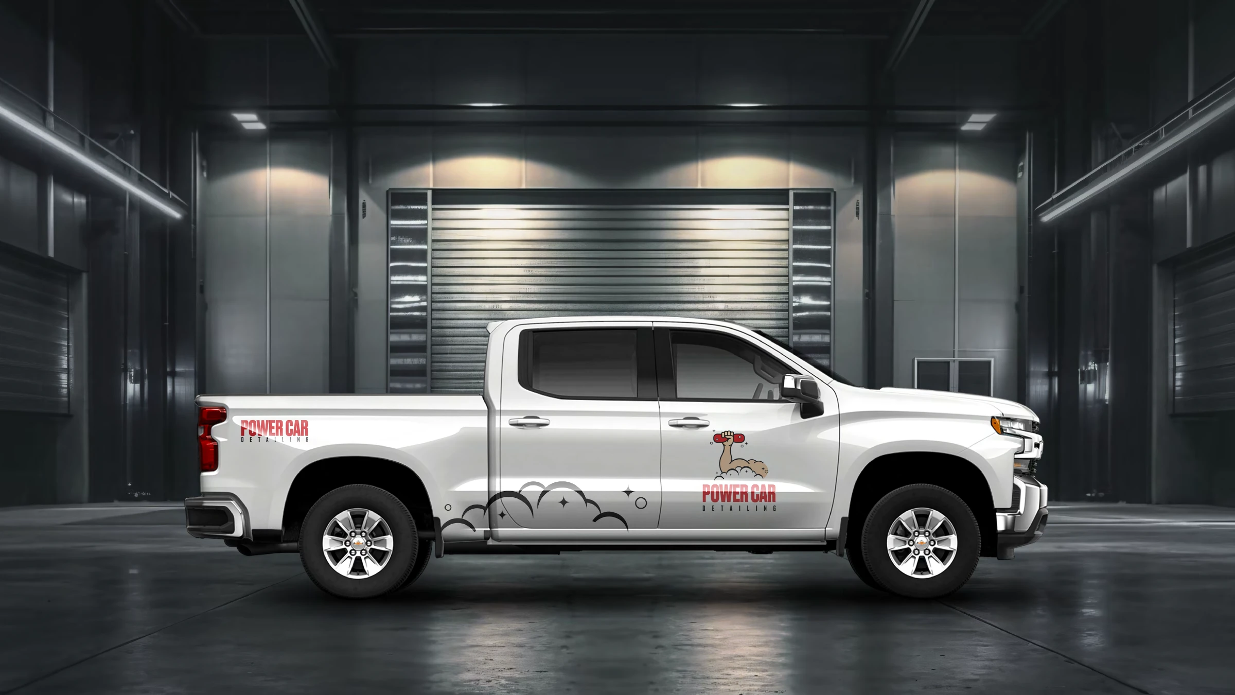 White Chevrolet Silverado wrap with the red Power Car Detailing logo